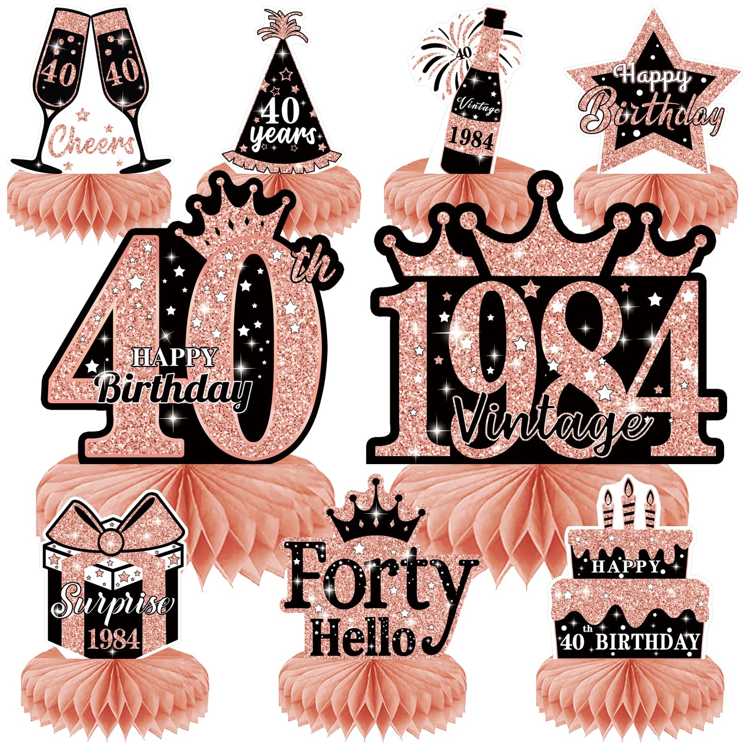 9Pcs Rose Gold Pink 40th Birthday Party Decorations - Honeycomb Centerpieces & Table Toppers for Women's Forty Years Celebration | Perfect for Birthday Parties, Anniversaries & Special Events