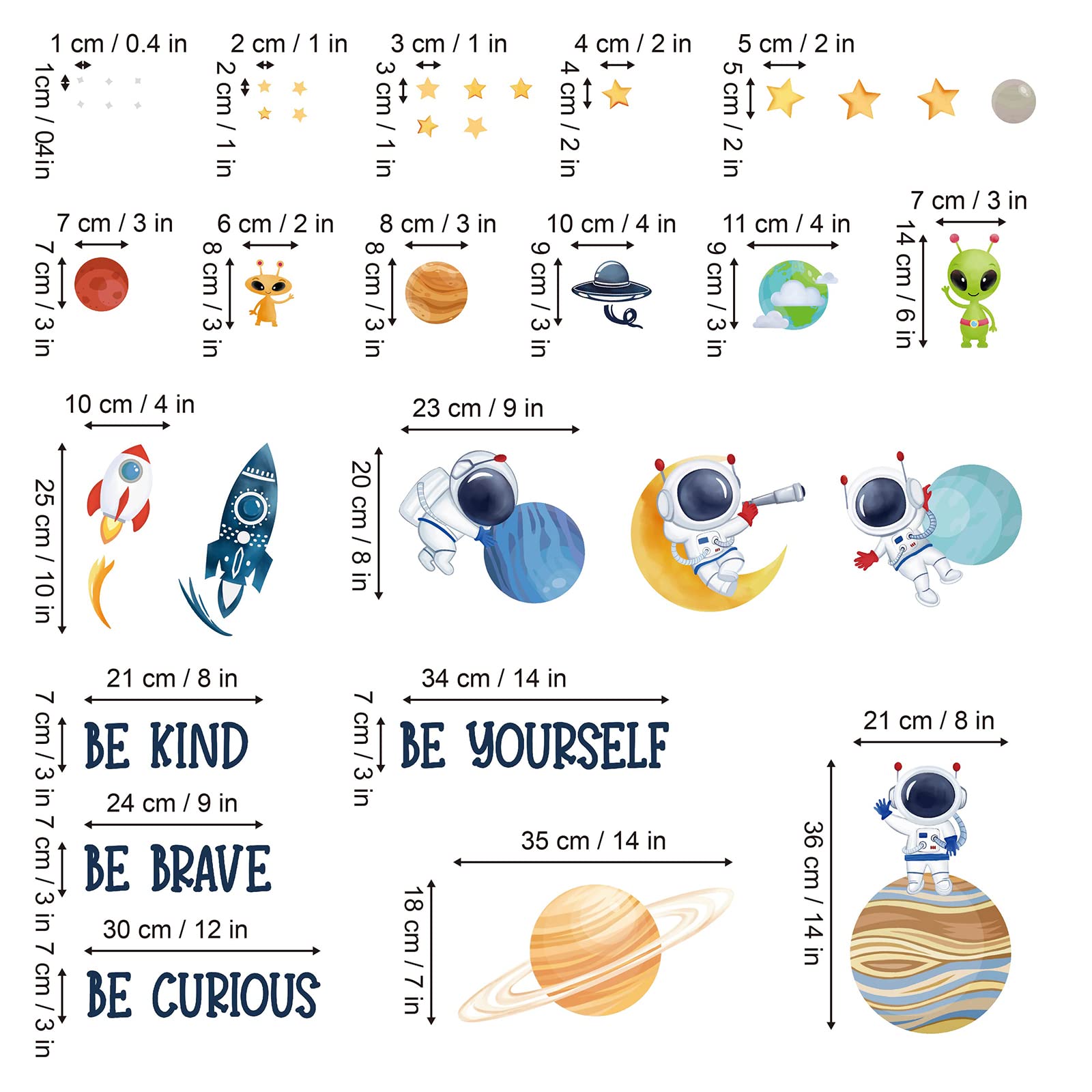 Wondever Planets Outer Space Wall Stickers - Inspirational Be Kind Be Brave Quote Astronaut Peel and Stick Wall Decals for Nursery, Kids Bedroom & Playroom - Perfect for Space Themed Room Decor & Educational Wall Art