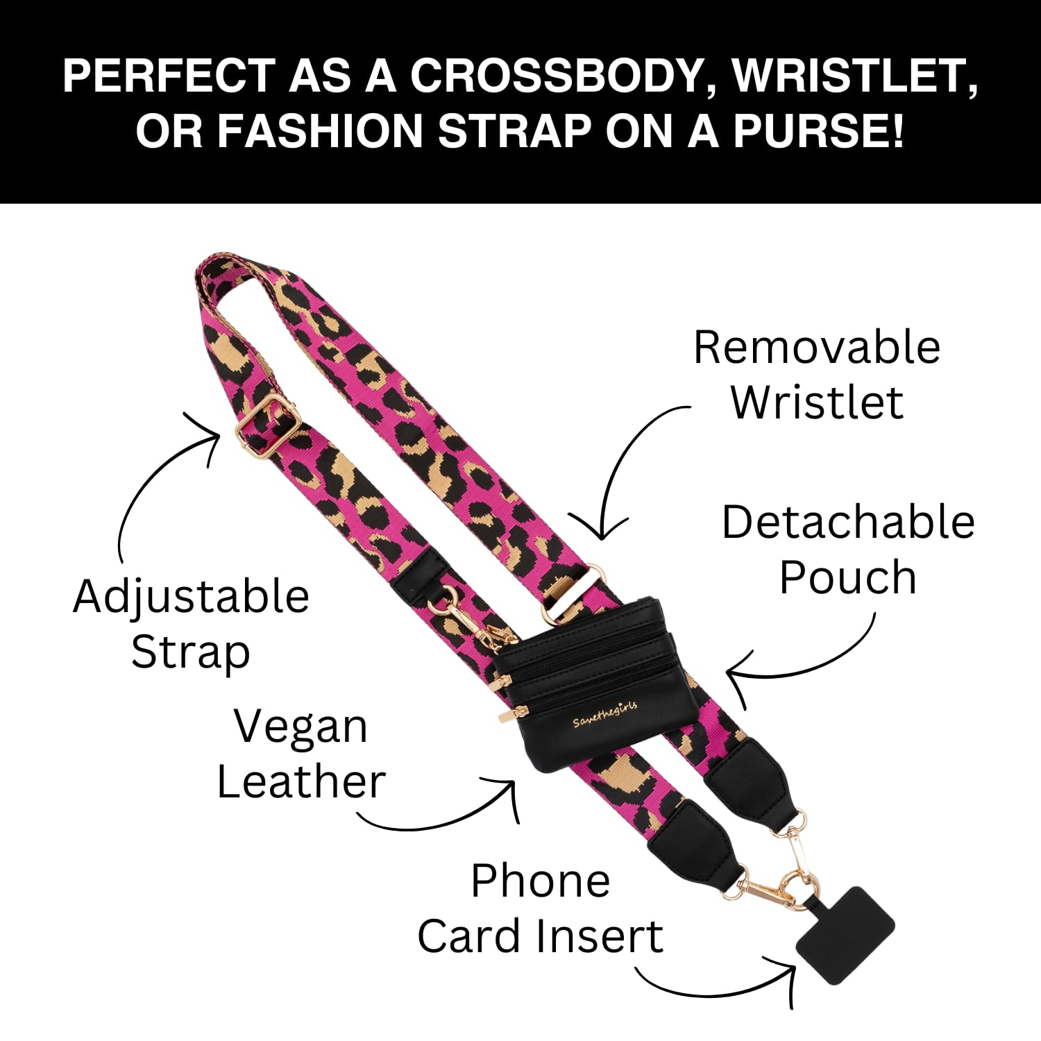 Original Clip and Go Phone Strap with Zipper Wallet Pouch - Leopard Pink/Black Crossbody Phone Lanyard - Stylish Phone Strap Chain for Hands-Free Convenience - Perfect for Travel, Shopping, and Everyday Use