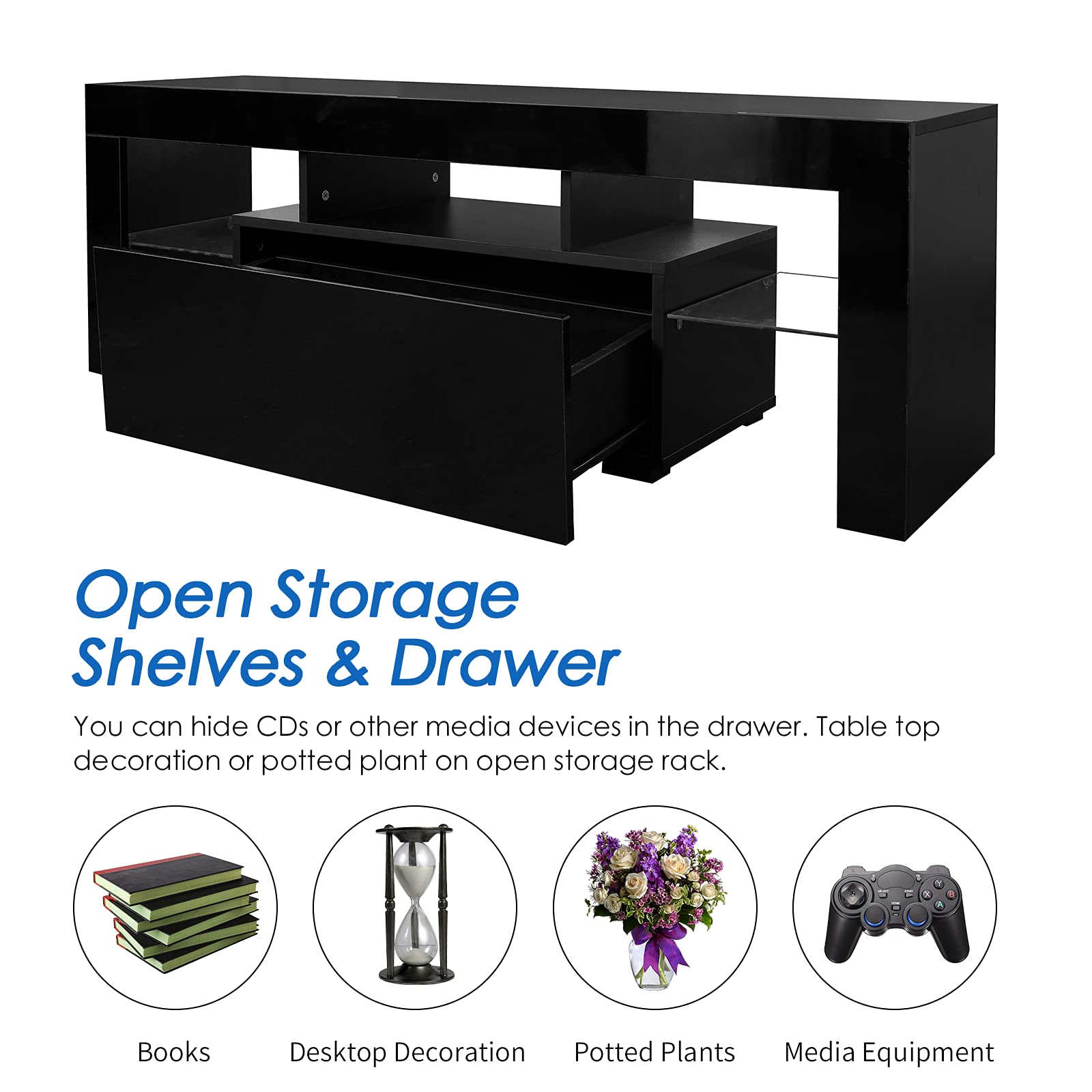 WERSMT Black TV Stand with LED Lights, Modern High-Gloss Entertainment Center for 55-60 Inch TVs - 2 Glass Open Shelves & Storage Drawer | Perfect for Living Room, Bedroom & Home Theater Setup