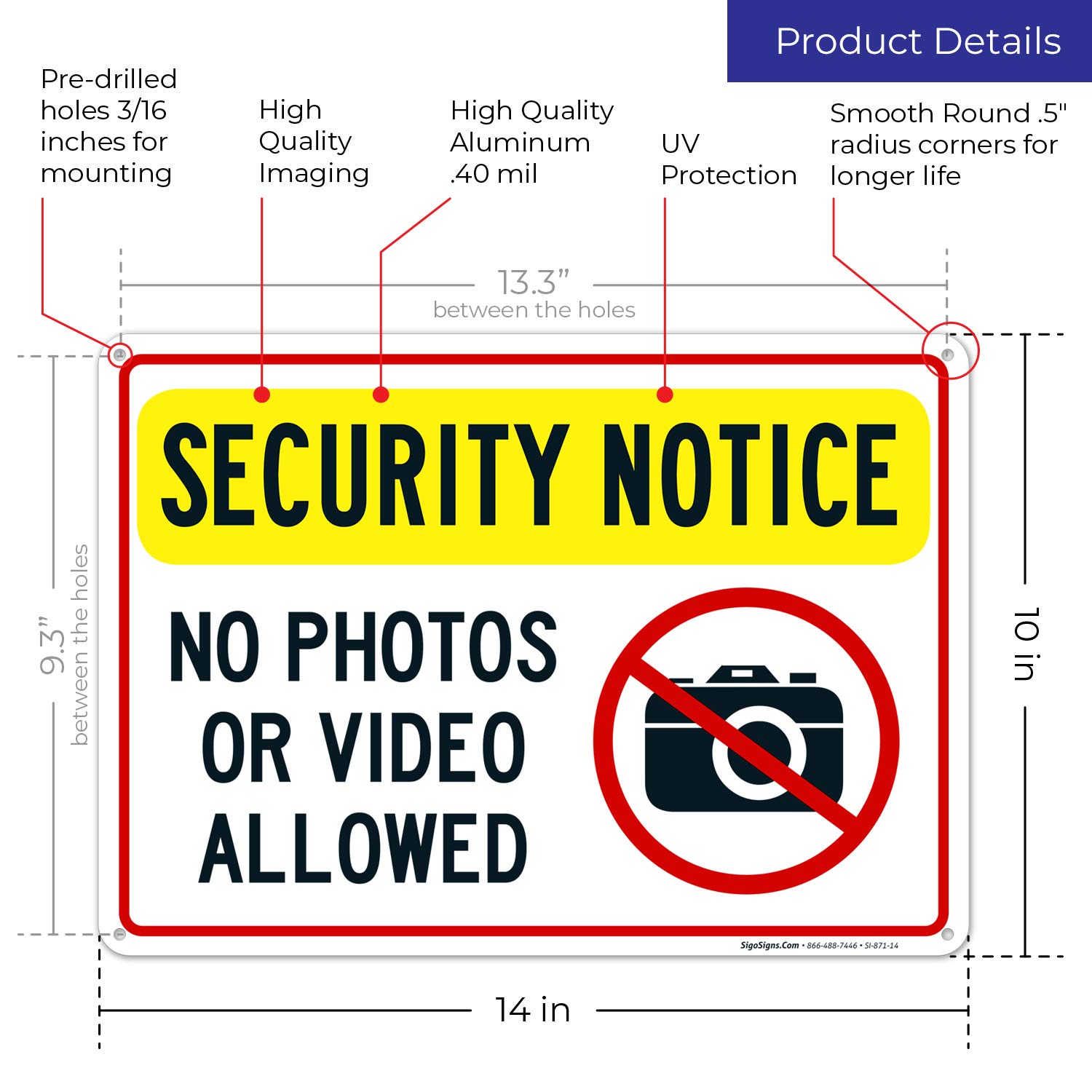 No Photos or Video Allowed Sign - 10x14 Inch Rust-Free Aluminum Security Sign - Fade Resistant for Indoor & Outdoor Use - Easy Mounting - Made in USA - Perfect for Offices, Hospitals, and Restricted Areas