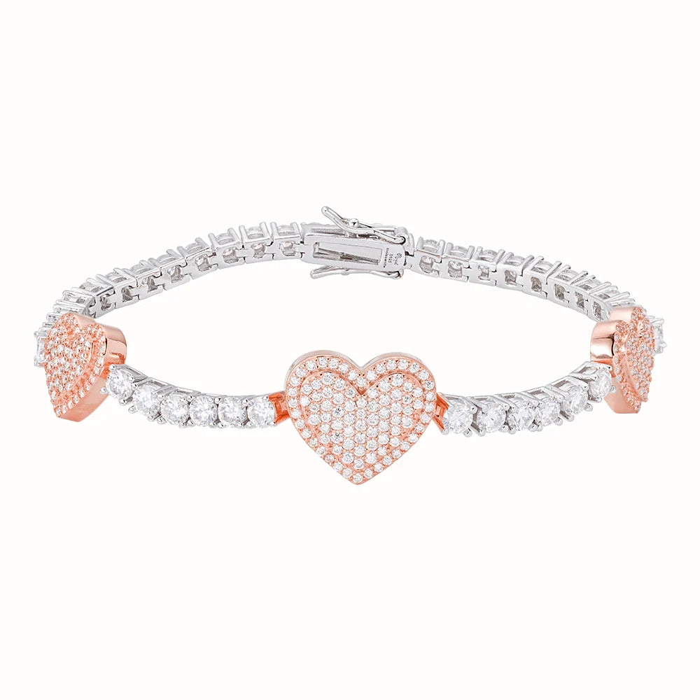 Moissanite Tennis Heart Link Bracelet 925 Sterling Silver - Elegant Jewelry for Women, Valentine's Day Gift, Anniversary Present, Bridal Party Accessory