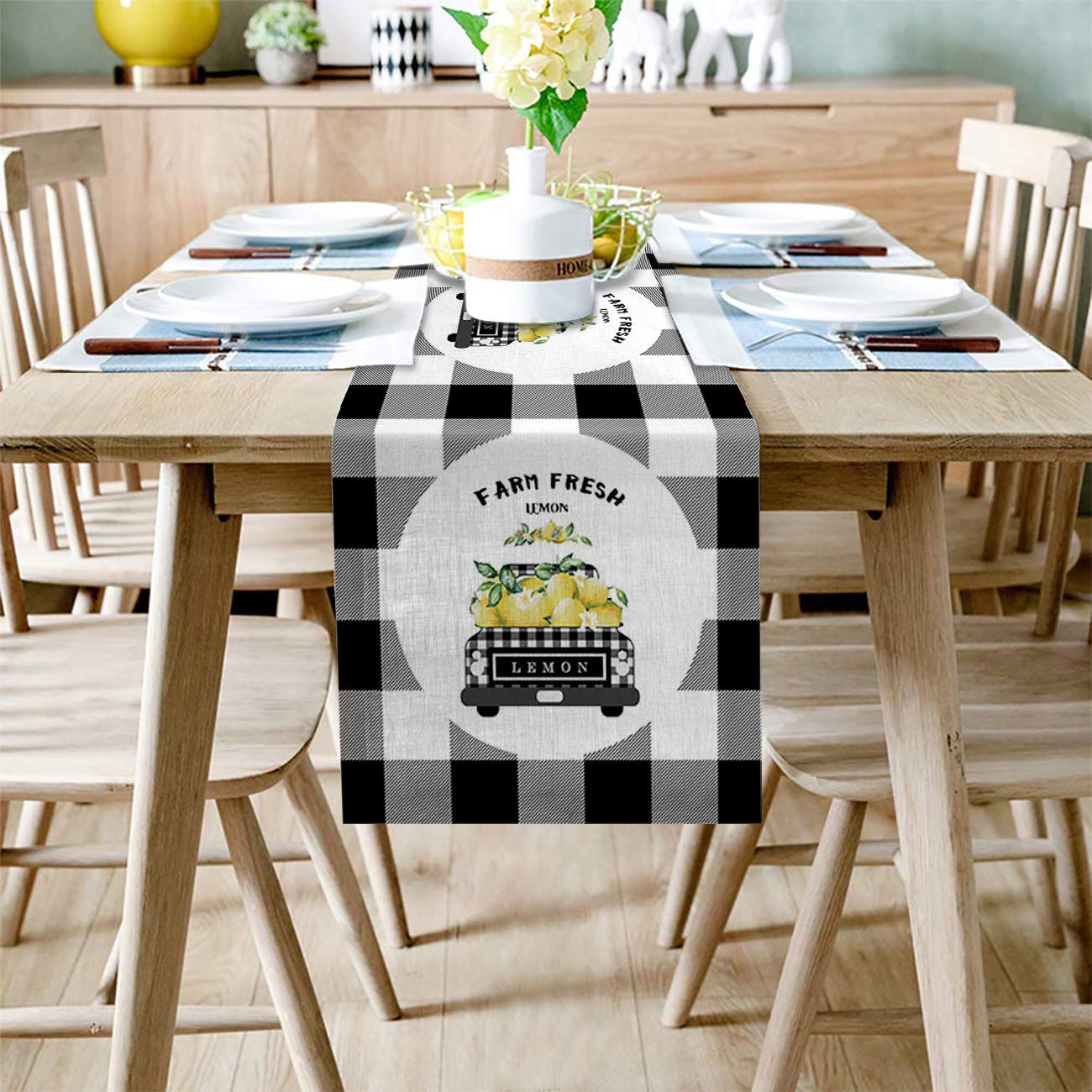 Non-Slip Truck Farm Lemon Fruit Table Runner - 14x72 Inch Black White Plaid Rectangle Table Decor for Kitchen, Coffee Table, Dresser & Foyer | Perfect for Garden Weddings, Parties & Farmhouse Dining Settings