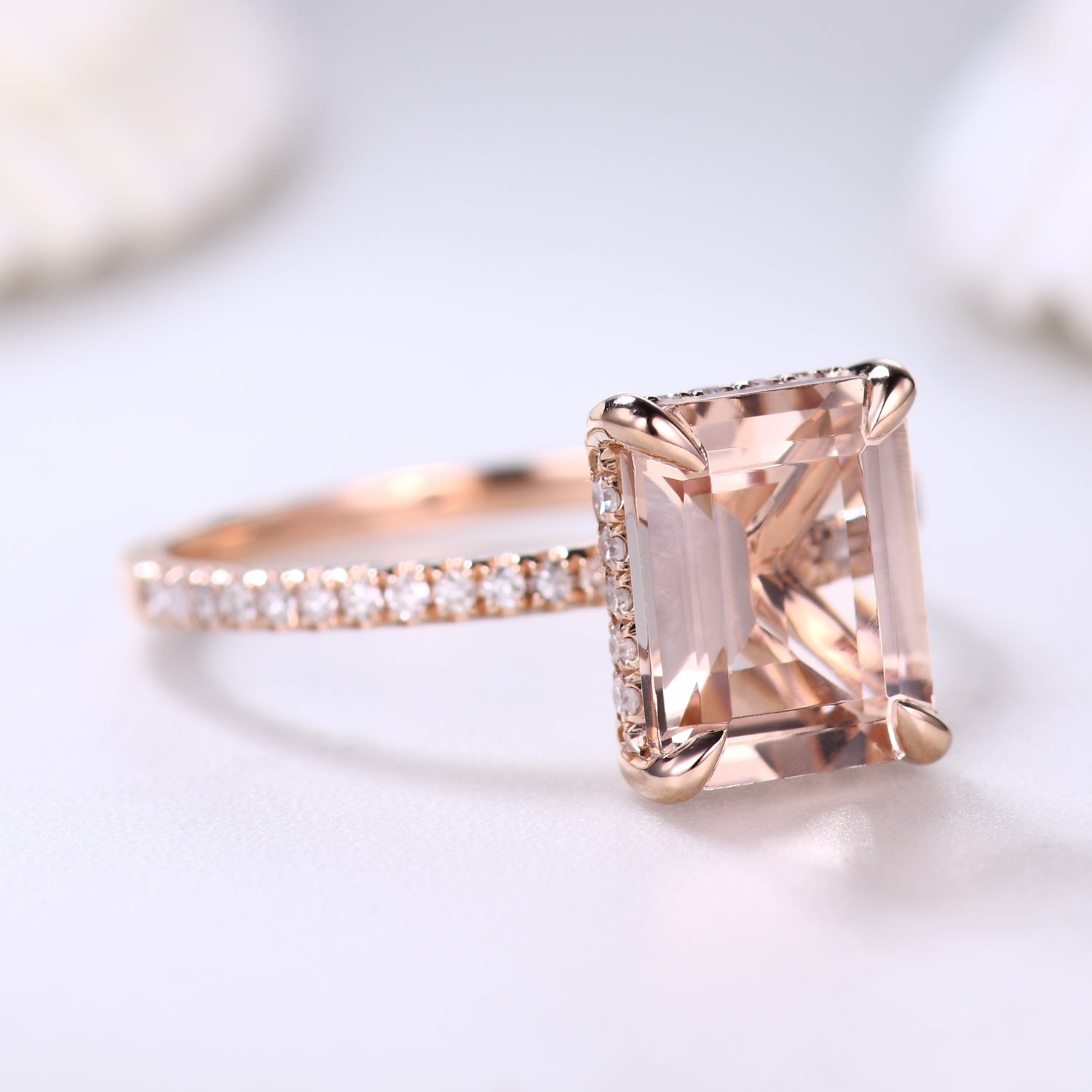 6x8mm Emerald Cut Morganite Engagement Ring with Hidden Halo & Diamond Accents in Rose Gold - Perfect for Proposals, Anniversaries & Romantic Occasions