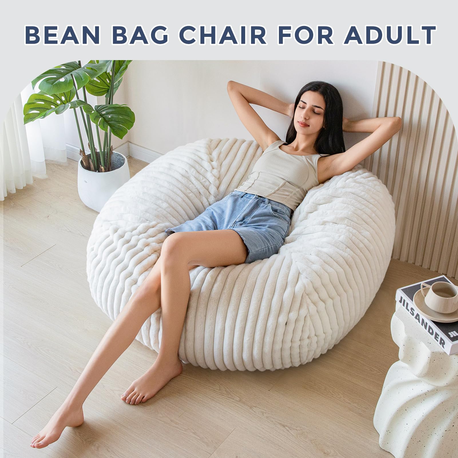 MAXYOYO 3ft Striped Faux Fur Bean Bag Chair for Adults - Soft Lazy Sofa for Living Room, Bedroom, Dorm - Beige Comfortable Seating for Relaxing, Reading & Gaming