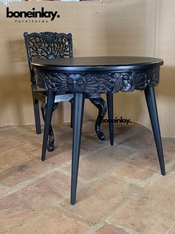 Hand Carved Exclusive Round Dining Table in Black - Solid Wood Modern Kitchen Table for 6 - Perfect for Dining Room, Kitchen, and Small Space Gatherings