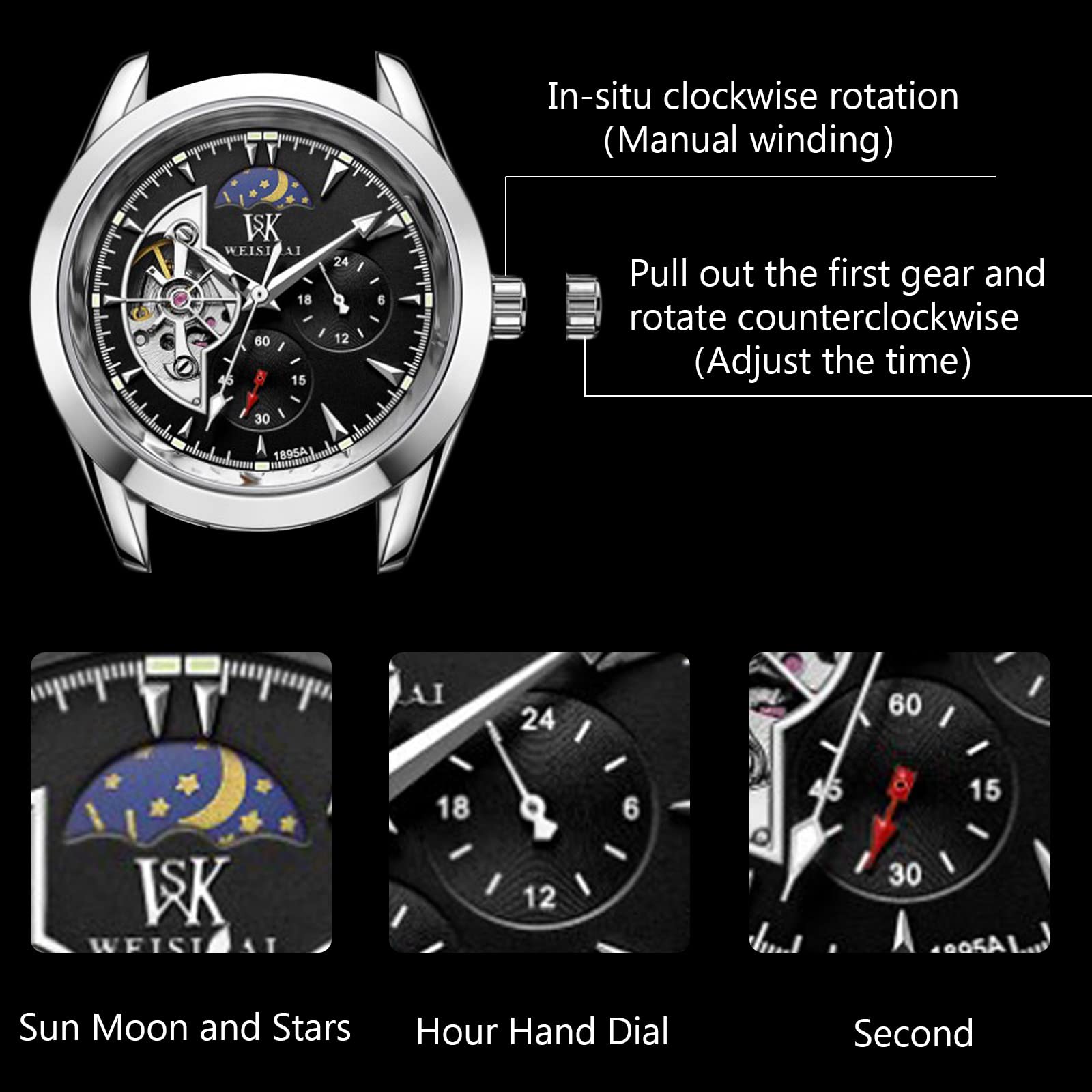 RORIOS Men's Automatic Mechanical Watch with Luminous Hands & Moon Phase - Stainless Steel Strap - Waterproof Dress Watch for Business, Formal & Casual Wear