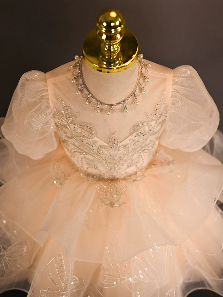 Champagne Princess Sweetheart Tea-Length Tulle Flower Girl Dress for Weddings, Baptisms & Special Occasions