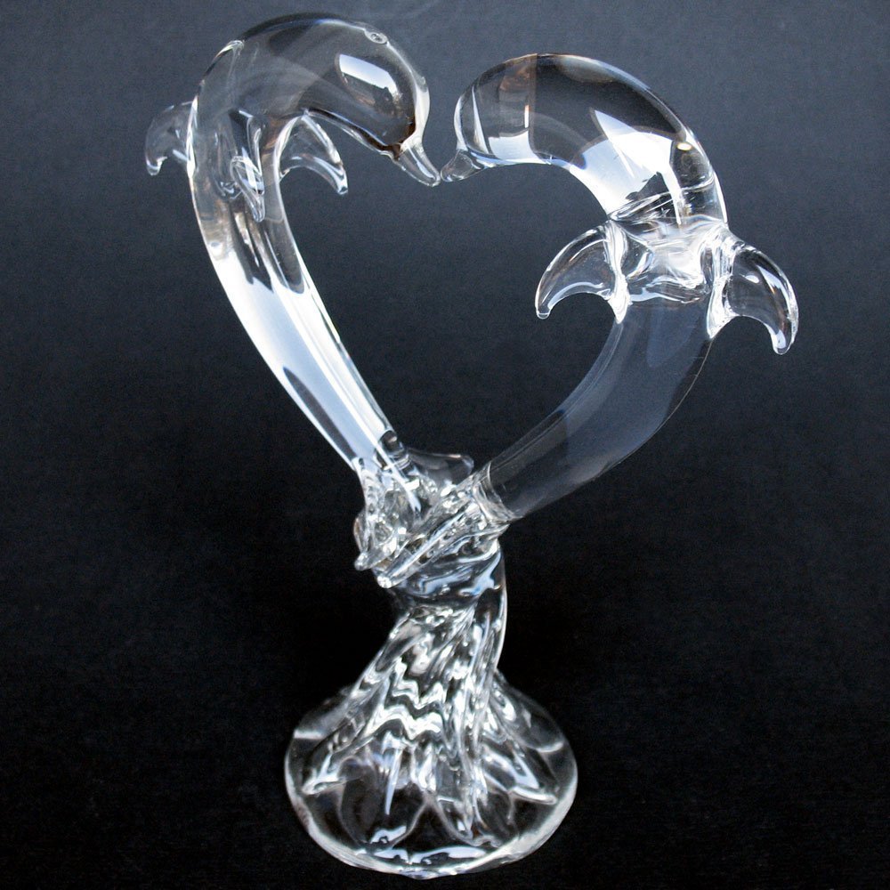 Handmade Blown Glass Dolphin Crystal Heart Wedding Cake Topper - Elegant Decoration for Beach Weddings, Anniversary Cakes & Romantic Celebrations