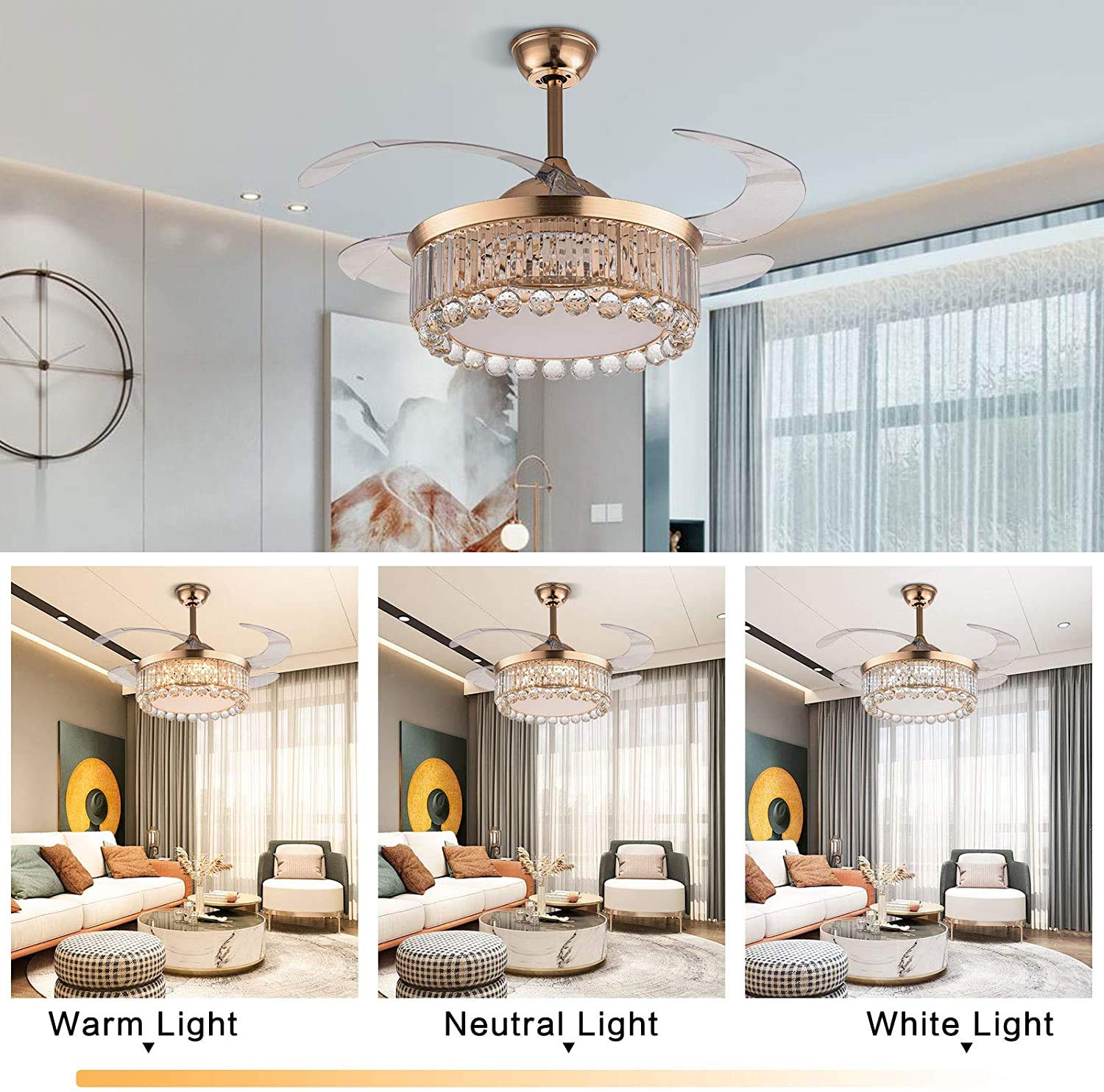 42 Inch Modern Crystal Ceiling Fan with LED Light and Remote Control - Retractable Blades, Chandelier Style for Bedroom, Living Room & Dining Room - Perfect for Home Cooling and Elegant Lighting Decor