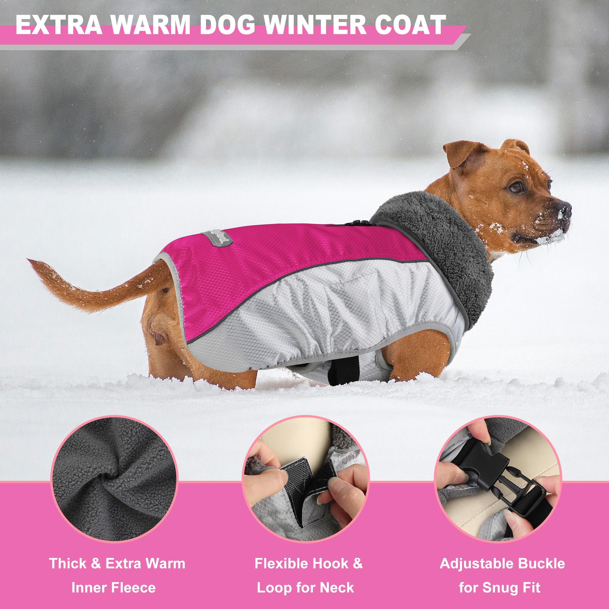 Waterproof Ripstop Dog Winter Coat with Leash Hole & Reflective Trim - Warm Fleece Snow Vest for Small, Medium, Large Dogs (Rosy Red, Size L) - Perfect for Cold Weather Walks, Outdoor Adventures & Winter Protection