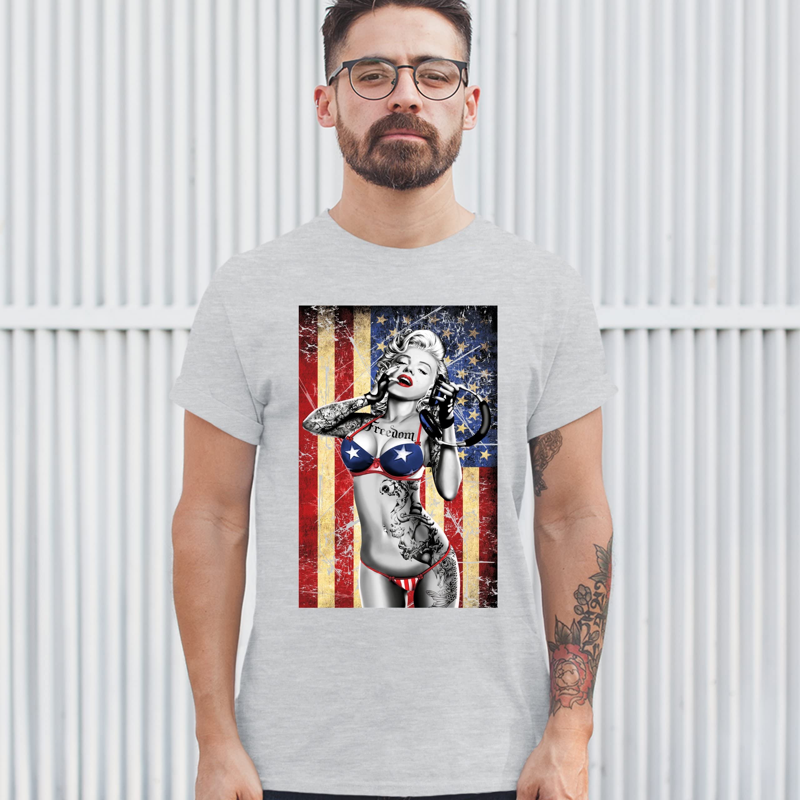 Vintage Marilyn Monroe Hollywood Glamour T-Shirt – American Flag Print, Retro Starlet Design for Men & Women | Casual Wear, Street Style, Patriotic Outfits