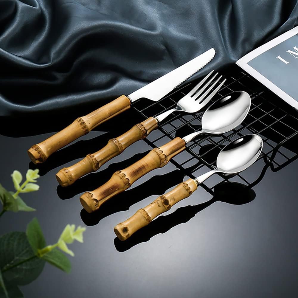 90-Piece Bamboo Handle Stainless Steel Cutlery Set - 18/8 Dishwasher Safe Flatware for 18 People | Eco-Friendly Kitchen Utensils for Dinner Parties, Weddings & Everyday Use