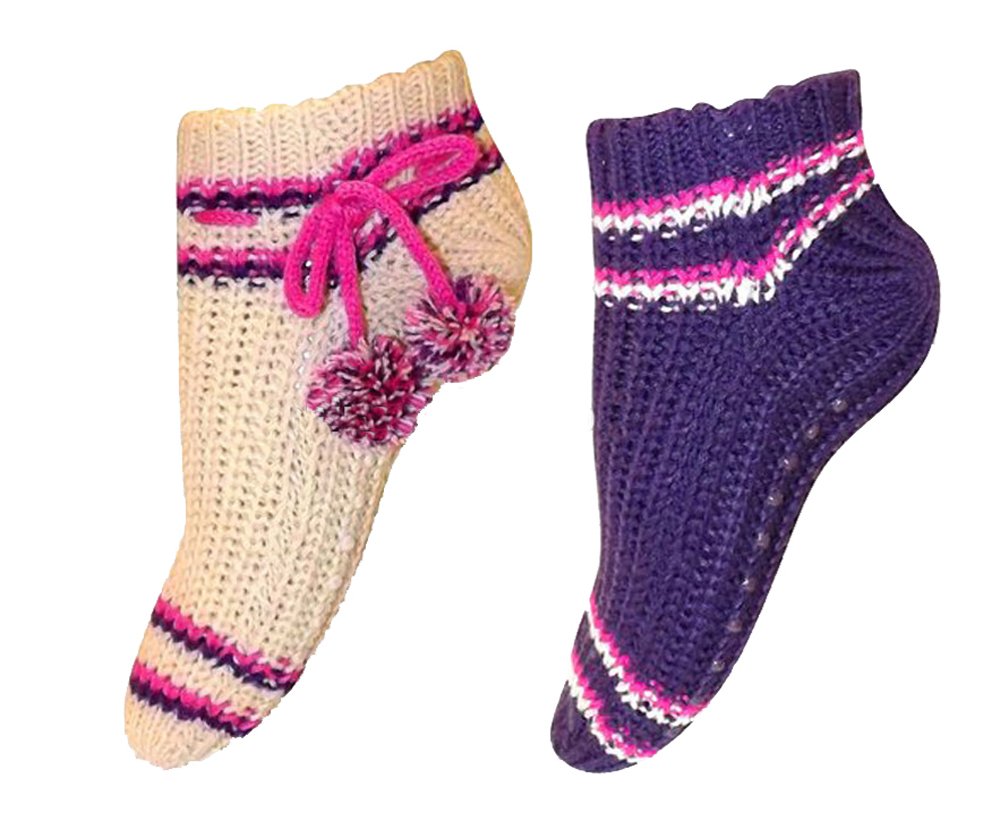 Women's Non-Slip Crochet Knitted Slipper Socks with Pom Poms - Cozy House Shoes for Winter, 2-Pack - Perfect for Indoor, Lounge, and Gift Giving