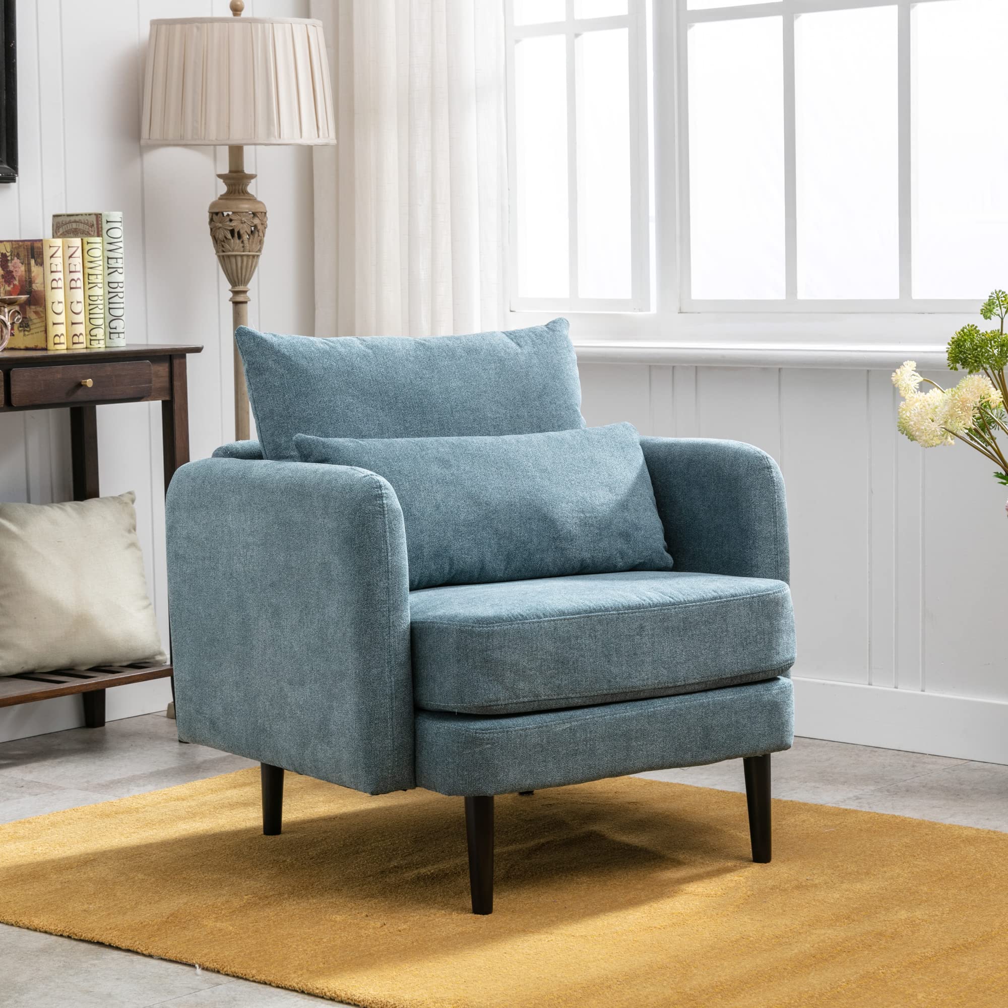 Modern Fabric Accent Arm Chair - High Back Comfy Single Sofa Chair with Solid Wood Legs & Pillow - Navy Blue Living Room, Bedroom, Reading Nook Seating - Perfect for Relaxing, Reading & Home Decor