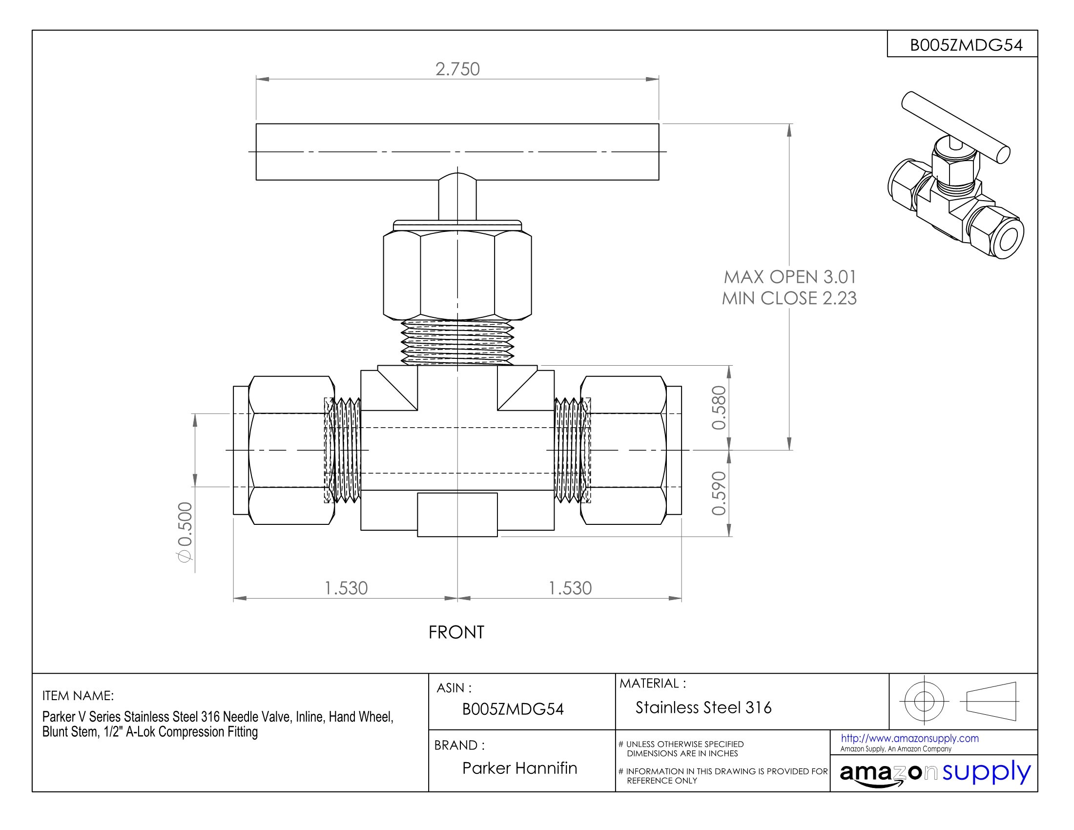Parker V Series 316 Stainless Steel Needle Valve - 1/4