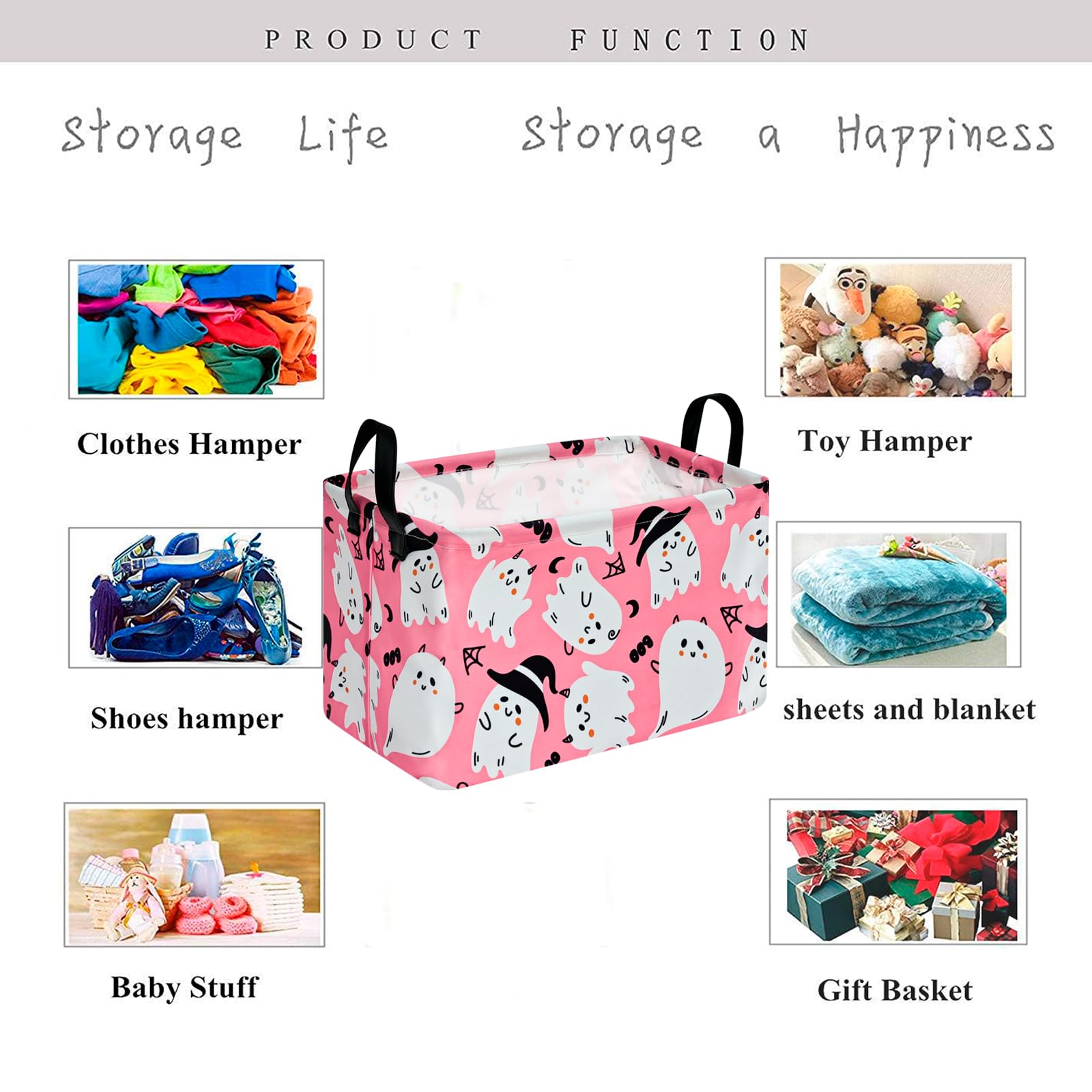 Pink Ghost Pattern Halloween Storage Basket - Canvas Storage Bin with Handles, Rectangle Storage Cube Organizer for Bedroom, Living Room, Office - Perfect for Holiday Decor, Gift Wrapping & Home Organization