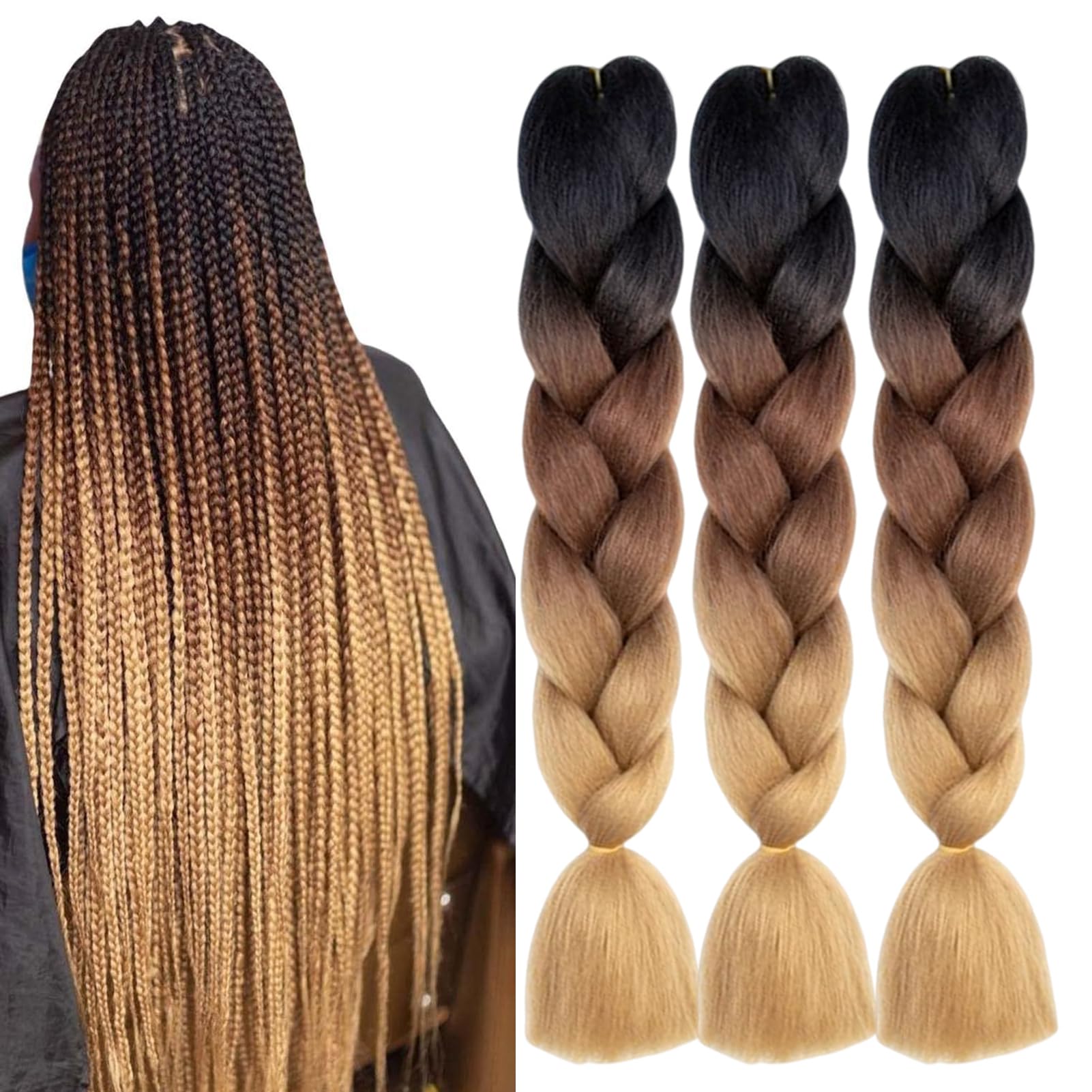 3 Packs 24 Inch Kanekalon Ombre Jumbo Braiding Hair Extensions for Women - High Temperature Synthetic Hair for Twist & Crochet Braids | Perfect for Protective Styles, Box Braids & Natural Hair Care