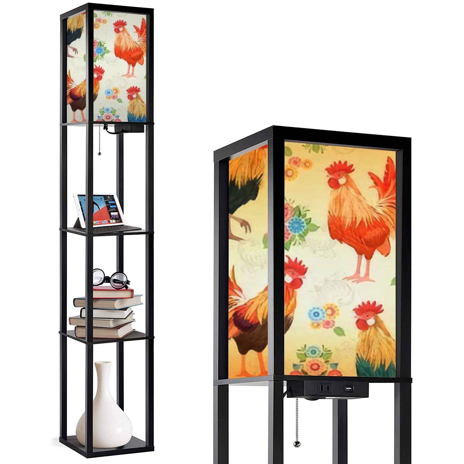 Vintage Floral Rooster Floor Lamp with Shelves - Tall Corner Lamp with Linen Shade for Living Room, Bedroom - Modern Home Decor Lighting for Farmhouse & Boho Style Interiors