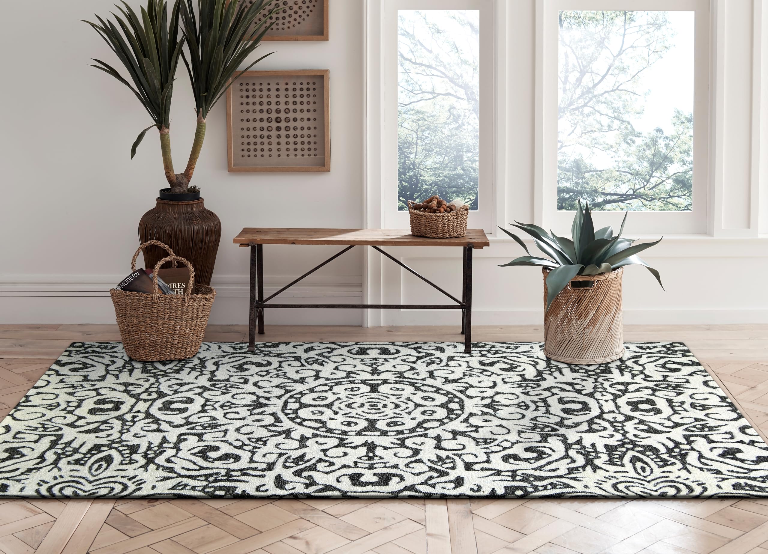 Premium Hand Hooked Area Rug - Stain Resistant, Plush & Soft Underfoot, Wool-Like Texture - Recycled Polyester Yarn - Medallion Design - 4x6 Feet - Gray Arley - Perfect for Bedroom, Living Room, Home Office & Dorm Decor