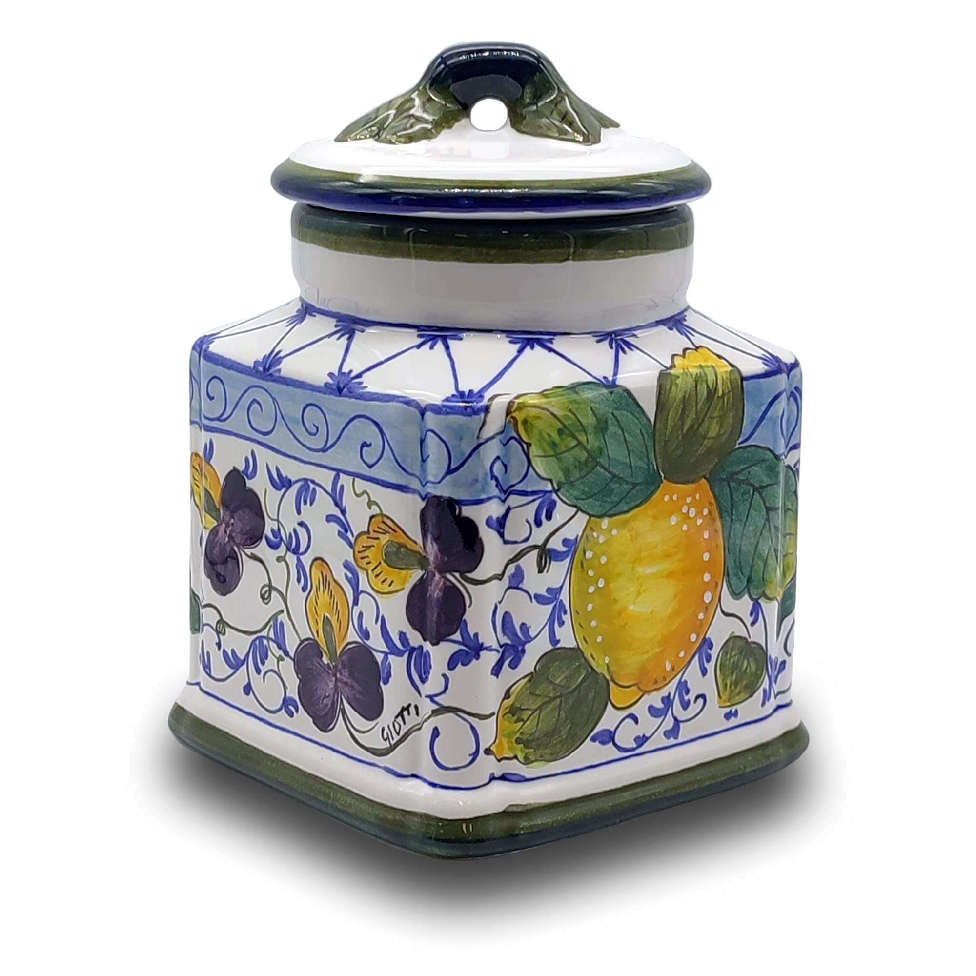 Hand Painted Italian Ceramic Cookie Jar with Lid - Tuscan Kitchen Storage Canister for Tea, Coffee & Spices - Authentic Italian Pottery Home Decor - Perfect for Farmhouse, Rustic & Vintage Style Kitchens