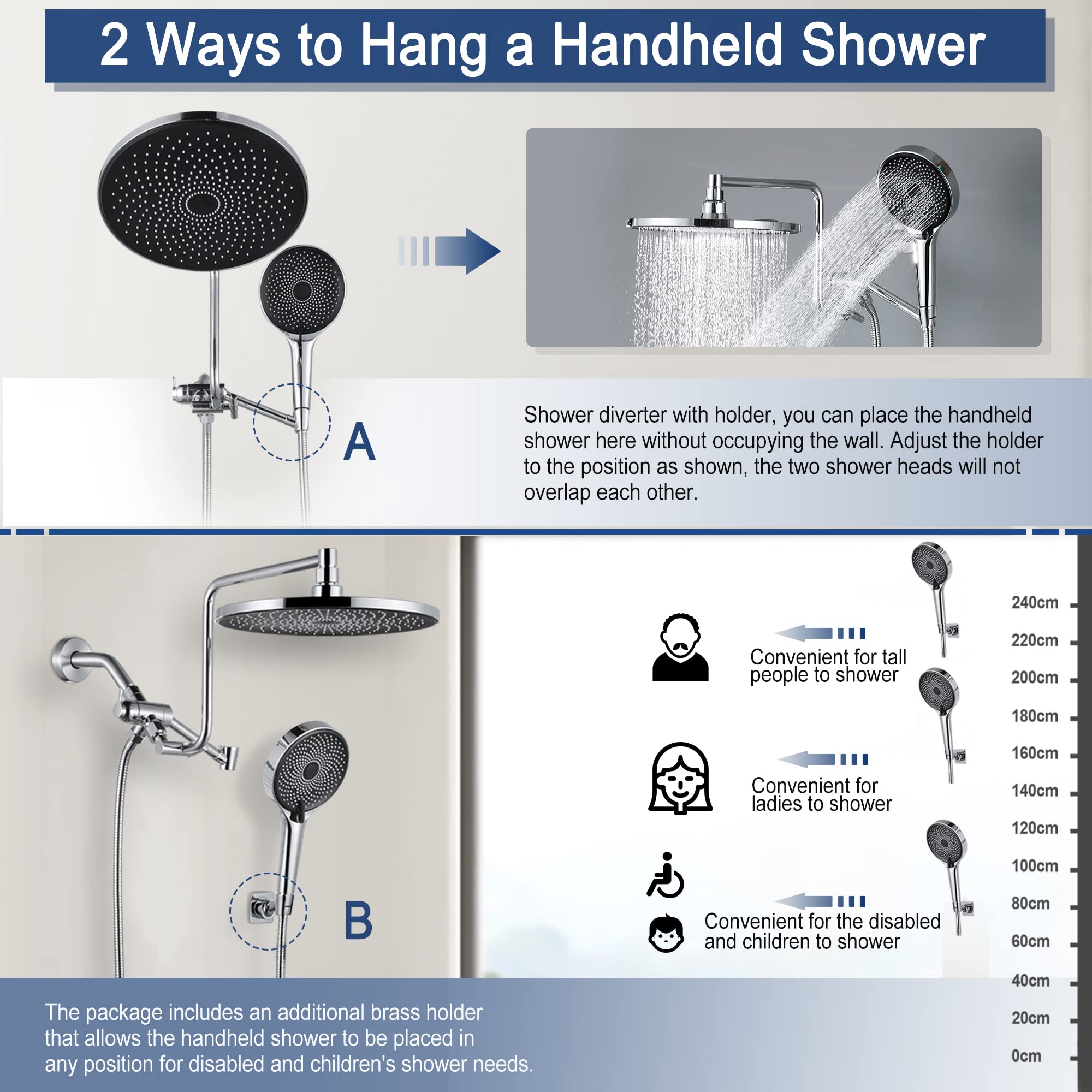YDmeet Dual Shower Head Combo - 10 Inch Rainfall Shower Head & Adjustable 12 Inch Extension Arm with 3-Way Diverter - Handheld Showerhead with 71 Inch Hose - Chrome Finish - Perfect for Bathroom Renovation, Spa-Like Experience & Water Saving
