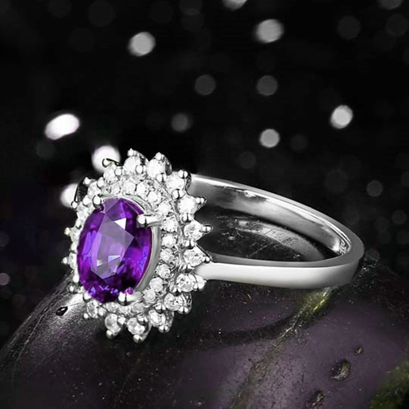 Aienid Sterling Silver Amethyst & Cubic Zirconia Rings for Women - Elegant Oval CZ Gemstone Ring | Perfect for Weddings, Anniversaries & Gift Giving