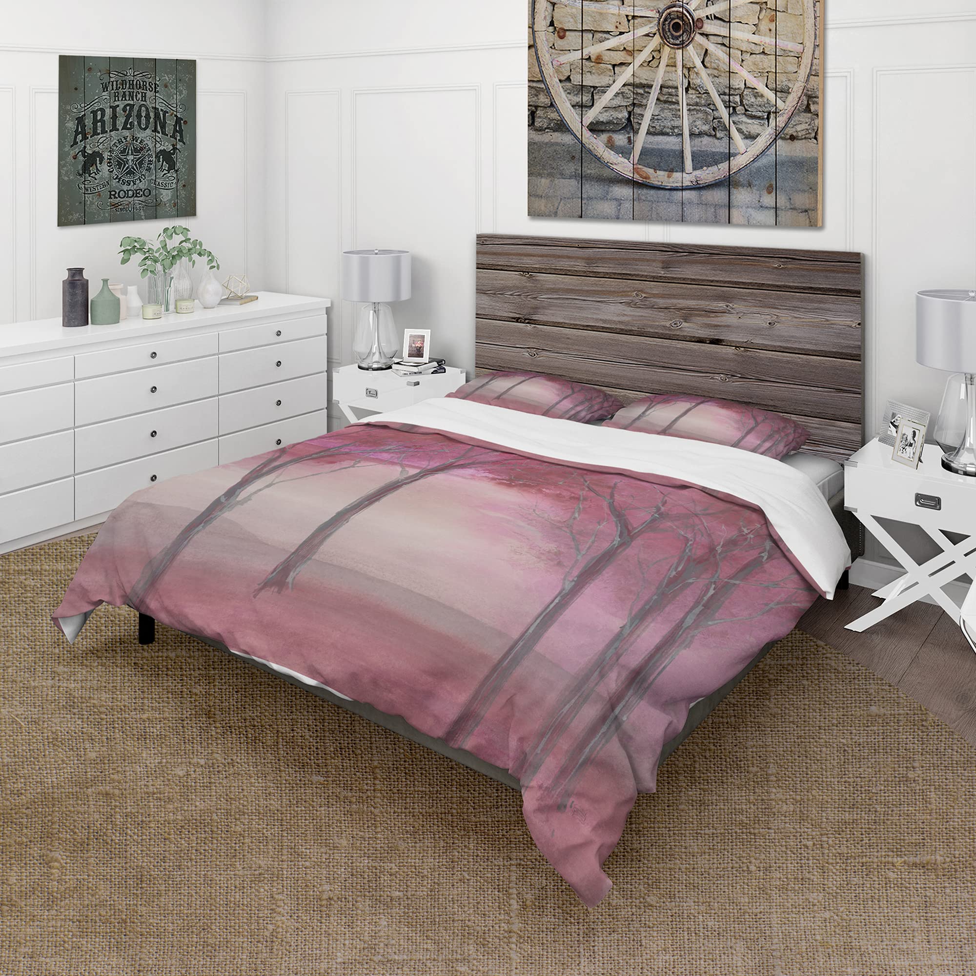 DesignQ Pink Forest Farmhouse Duvet Cover Set - Twin Size 3-Piece Landscape Bedding | All-Season Comfort for Cozy Farmhouse Bedrooms & Guest Rooms