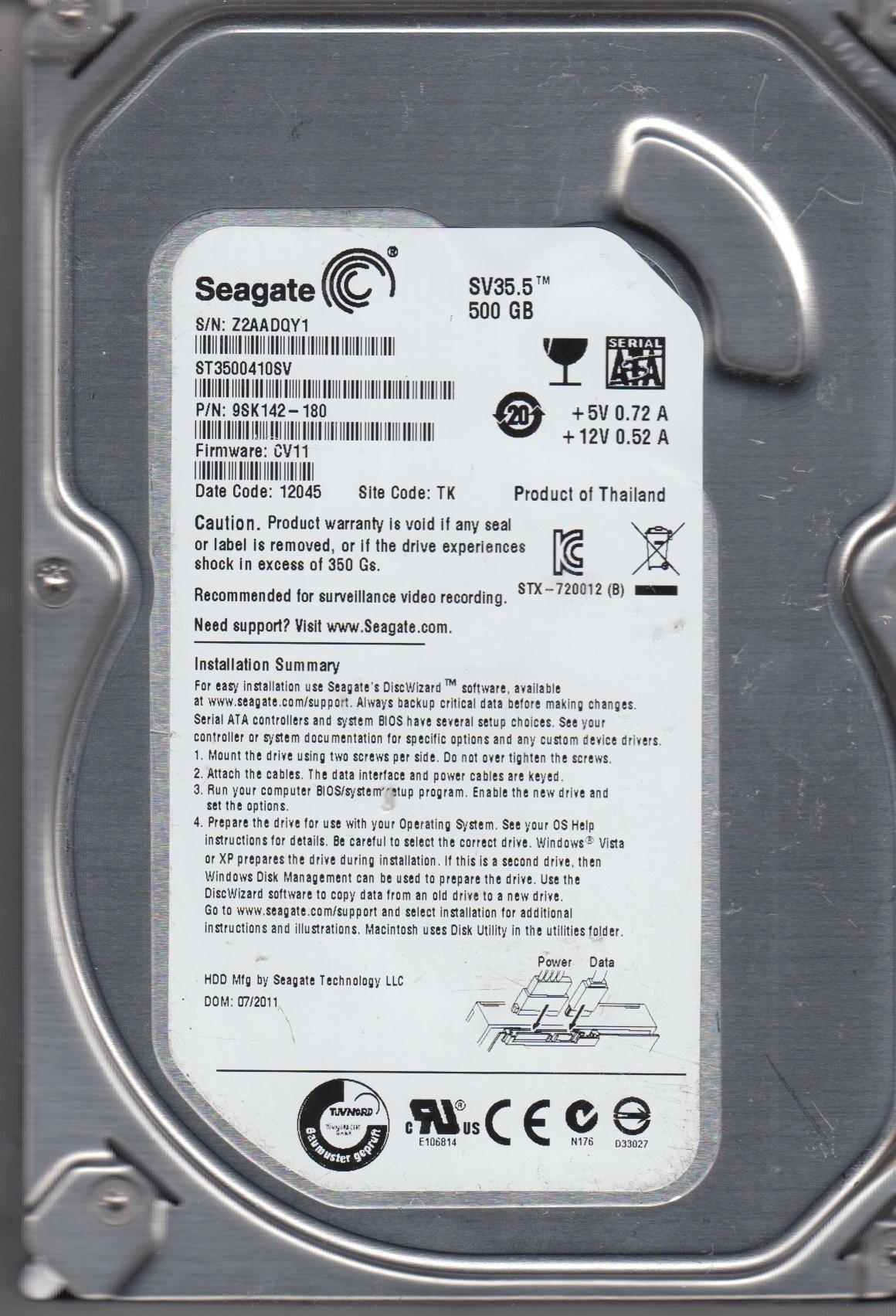 Seagate SV35.5 ST3500410SV 500GB Surveillance Hard Drive - 7200 RPM, SATA 6Gb/s, 64MB Cache - Ideal for CCTV, DVR, NVR Security Systems & 24/7 Video Recording