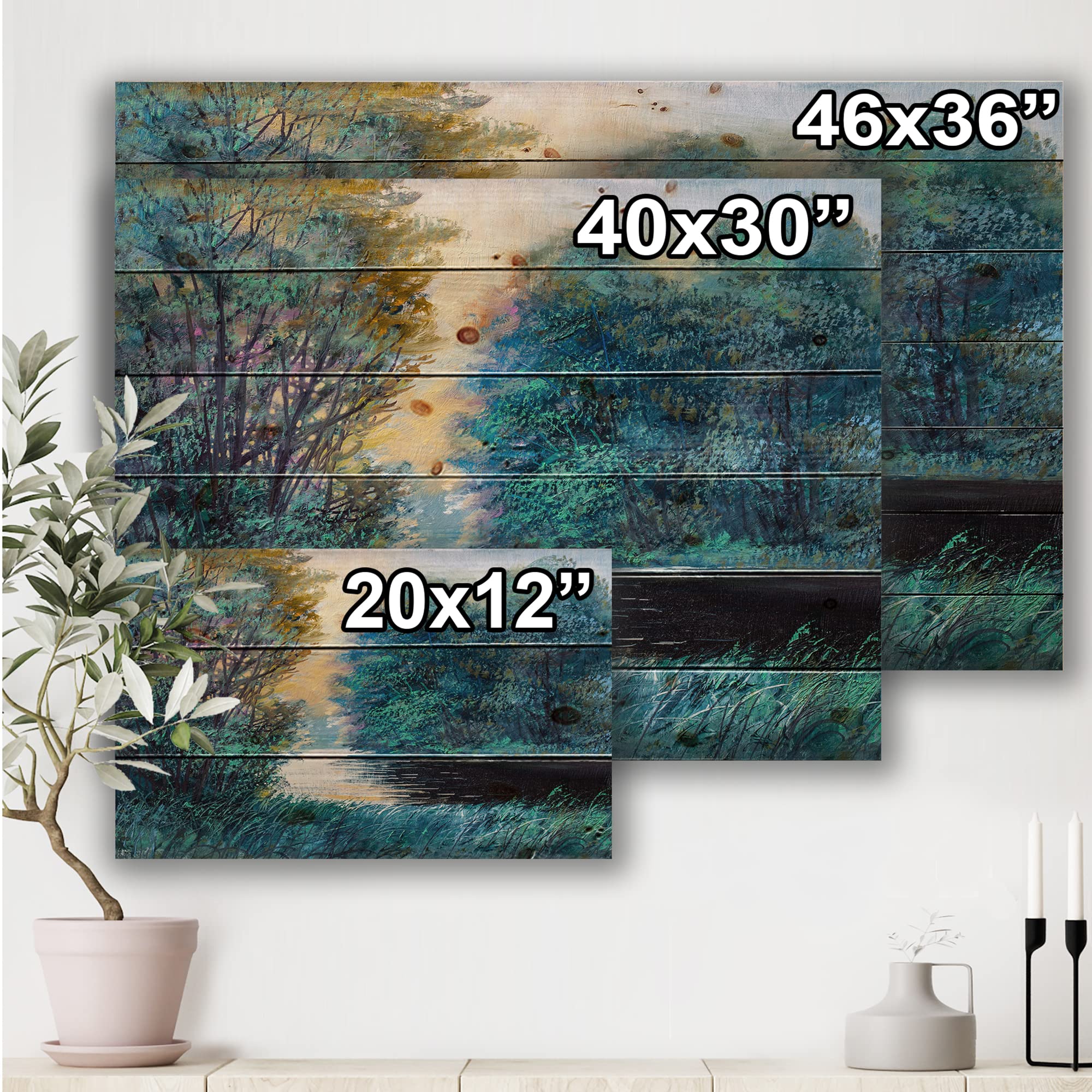 Farmhouse Wood Wall Decor - Summer Forest River Landscape Art Print on Natural Pine Wood, Blue Wood Wall Art for Living Room, Bedroom & Office