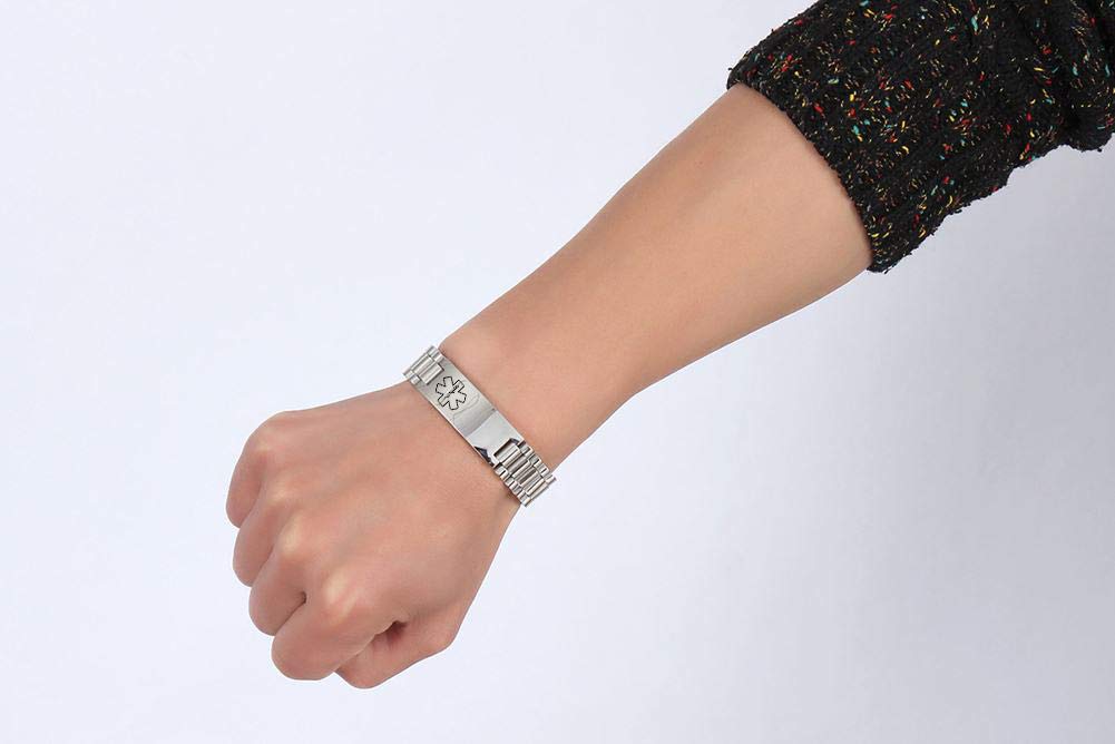 Stainless Steel Medical Alert ID Bracelet for Men & Women - Adjustable Metal Band with Emergency Medical Information - Perfect for Allergies, Diabetes & Heart Conditions