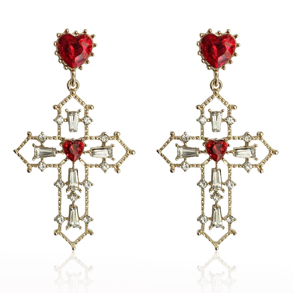 Stylish Gold Cross Red Heart Earrings with Sparkling Crystals - Baroque Hollow Drop Dangle Earrings for Women & Teens - Perfect for Parties, Night Out, and Gift Giving