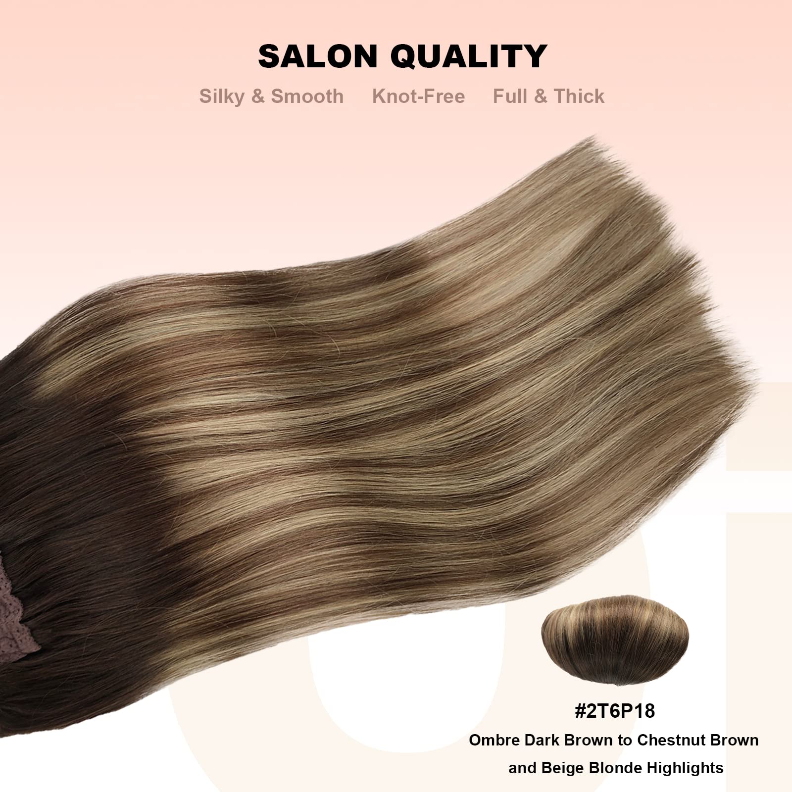 OiMiGO 20 Inch Human Hair Extensions with Invisible Fish Wire - Adjustable Size 100g (Brown Roots to Chocolate Brown Mix Beige Blonde Highlights) for Natural Volume & Length - Perfect for Parties, Weddings & Daily Styling