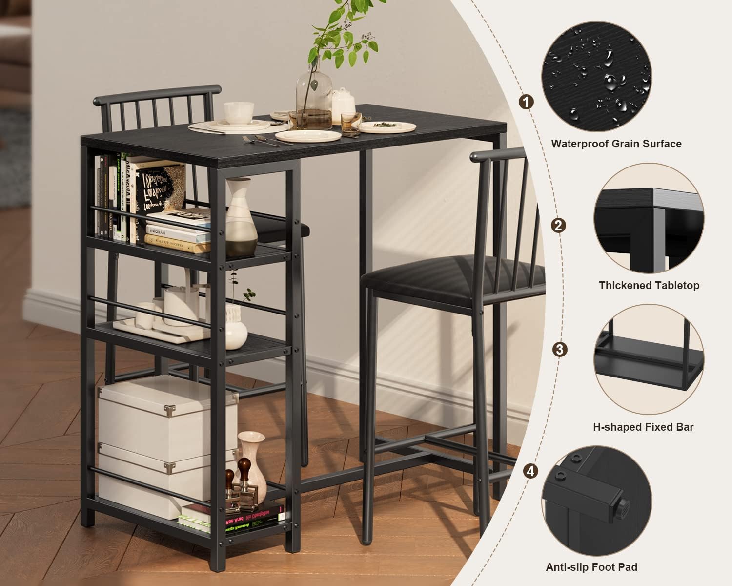 Gizoon 3-Piece Dining Table Set for 2 with Storage Shelves - Kitchen Table & Chairs with PU Cushion Seats & Thick Wood Top - Compact Space-Saving Design for Small Apartments, Breakfast Nooks & Cozy Kitchens - Black
