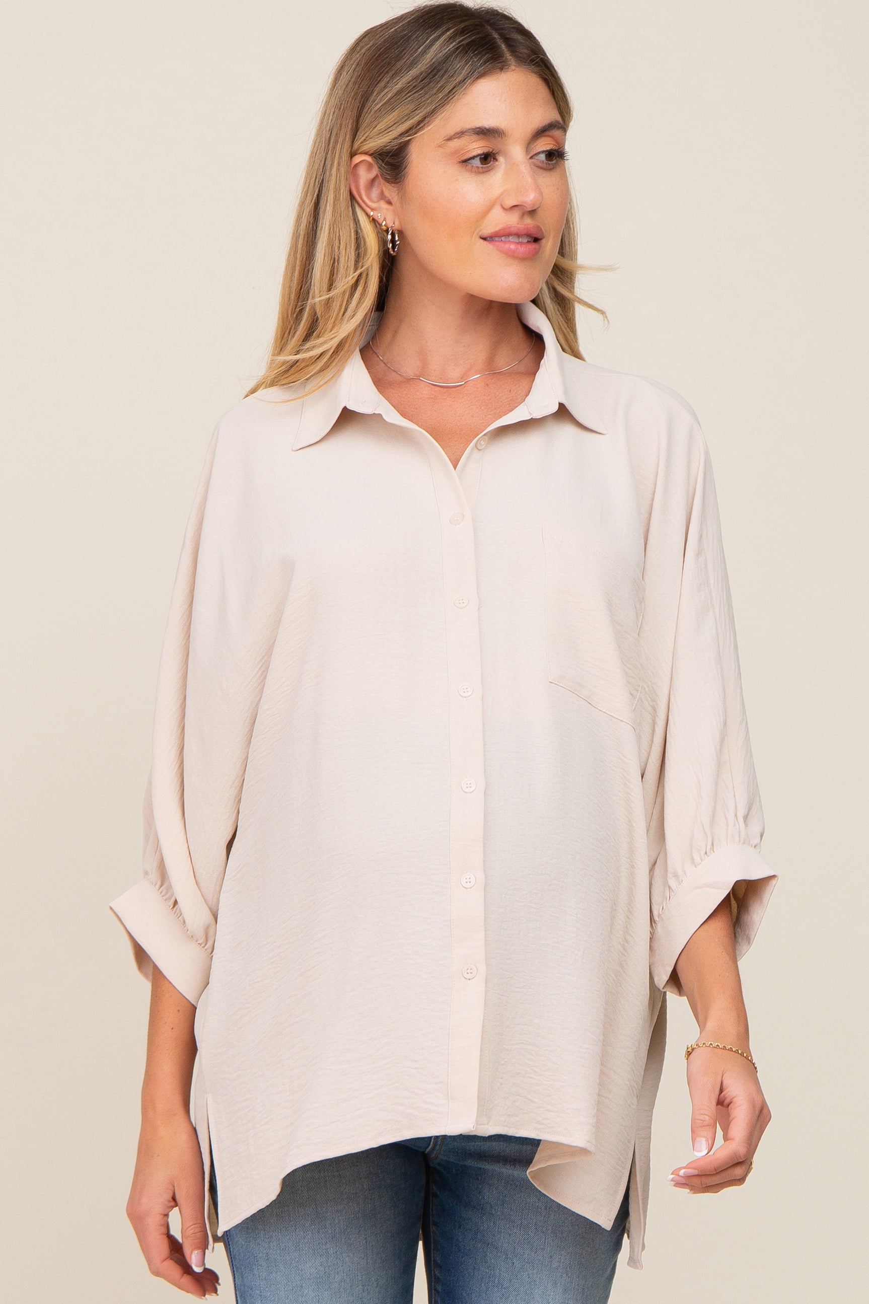 Beige Button Down 3/4 Sleeve Maternity Top for Women - Comfortable Pregnancy Blouse for Work & Casual Wear