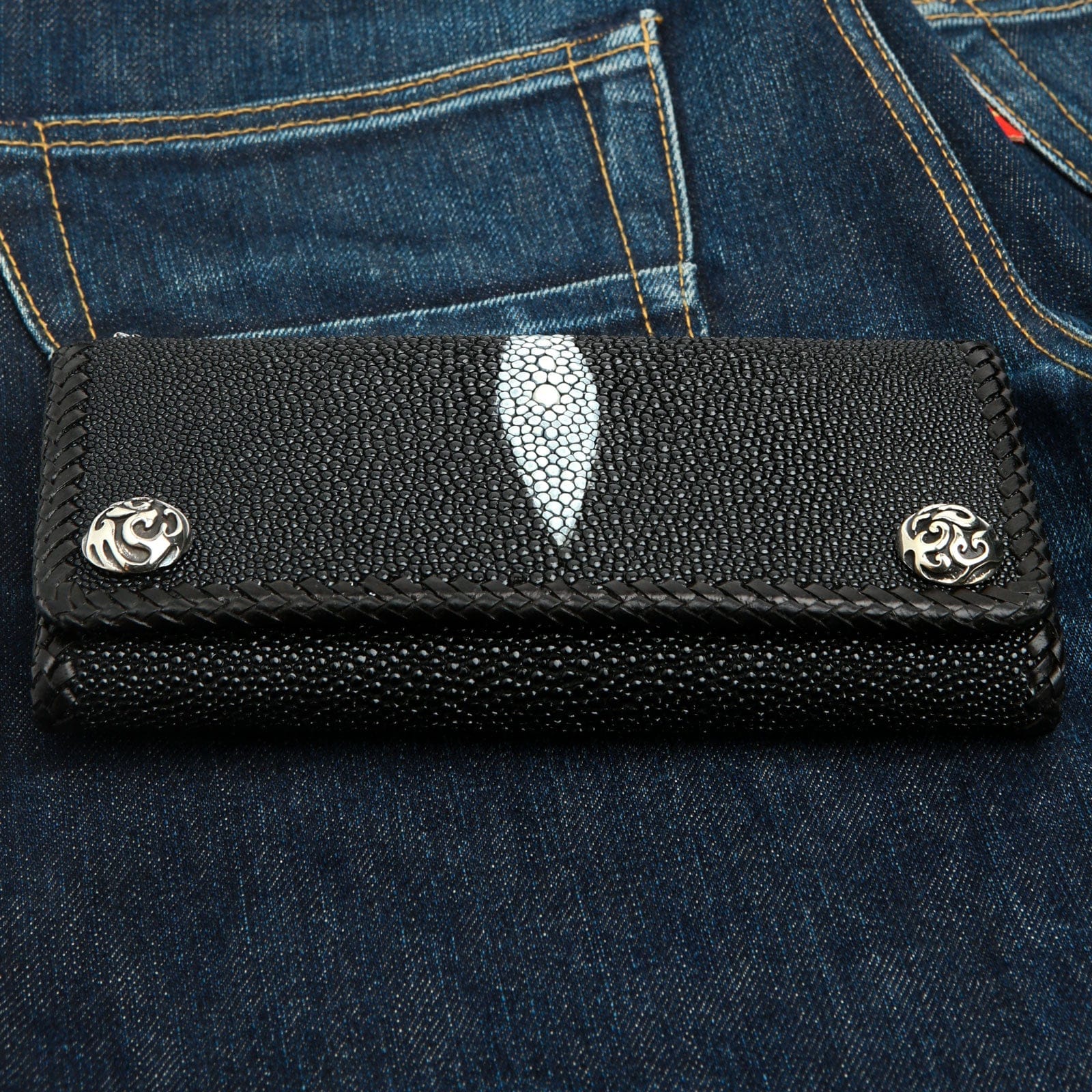 Premium Black Stingray Leather Trifold Wallet for Men - RFID Blocking Biker Wallet with Multiple Card Slots & ID Window - Perfect for Motorcycle Riders, Travel & Everyday Use