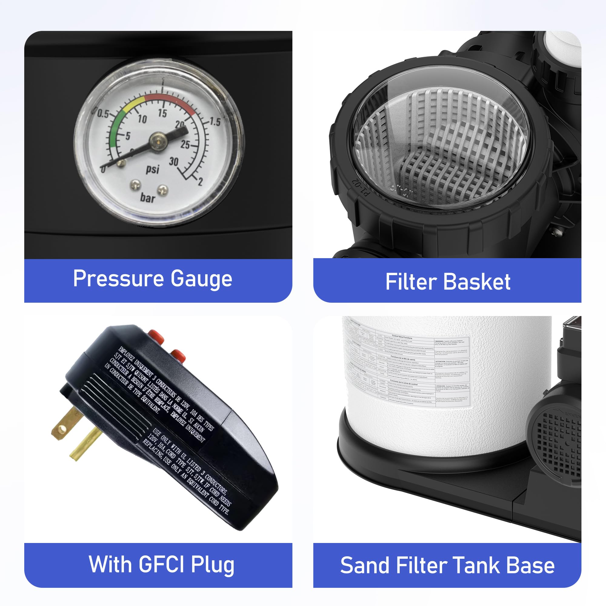 Above Ground Pool Sand Filter Pump with Timer - 3882 GPH Max Flow, 25,000 Gallon Capacity, 6-Way Valve for Improved Circulation, Waterproof GFCI Plug - Perfect for Backyard Swimming Pools, Inflatable Pools and Spa Maintenance