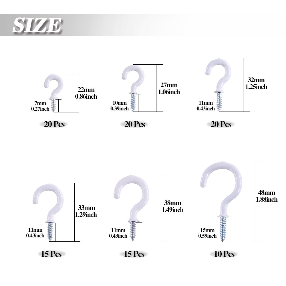 Swpeet 100-Piece White Vinyl Coated Cup Hooks Assortment Kit - 6 Sizes (1/2
