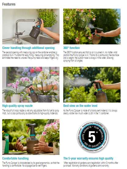 Gardena 1L Pump Sprayer 11112 - Premium Handheld Garden Sprayer for Plants, Lawn & Outdoor Use