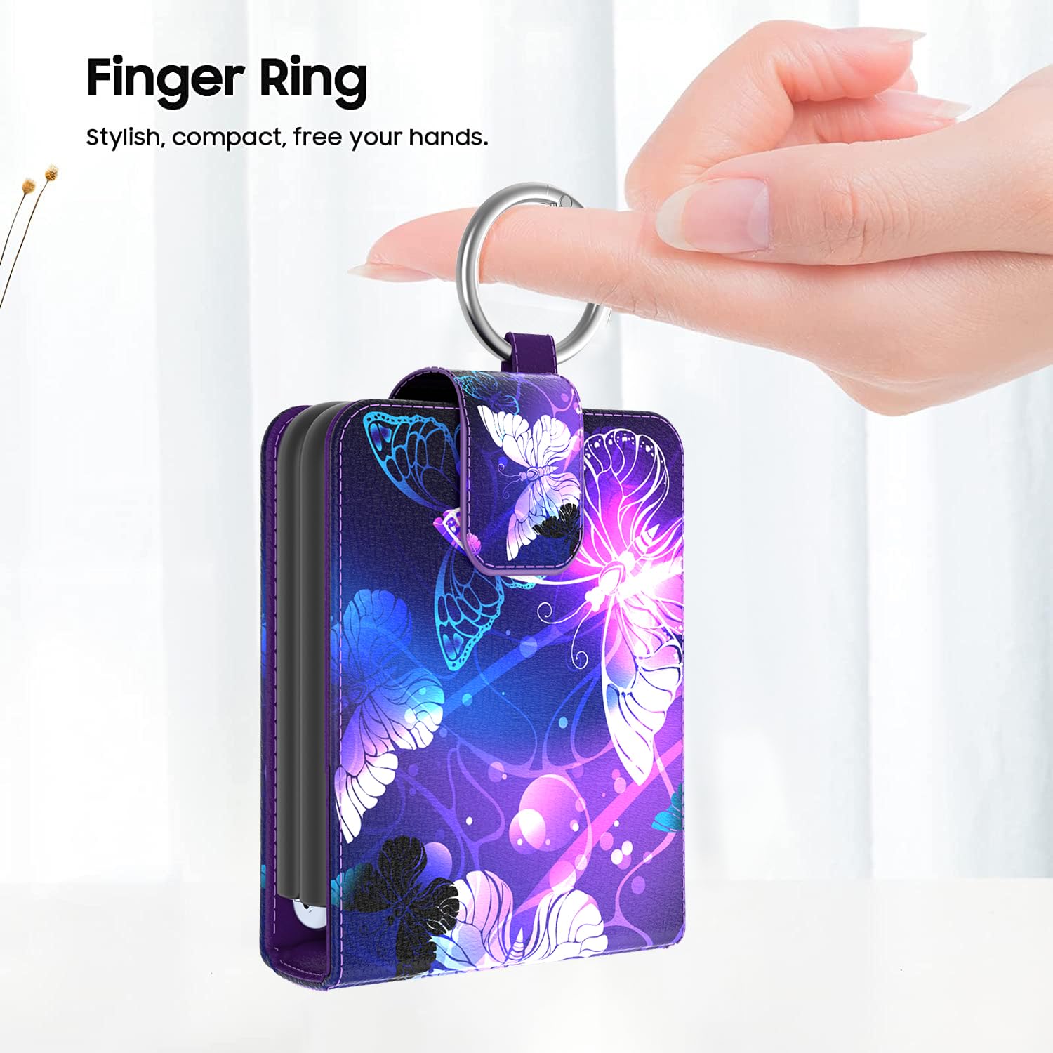 Samsung Galaxy Z Flip 5 Case with Ring Holder - PU Leather Wallet Flip Cover with Card Slots & Butterfly Design | Perfect for Daily Use, Travel & Hands-Free Protection