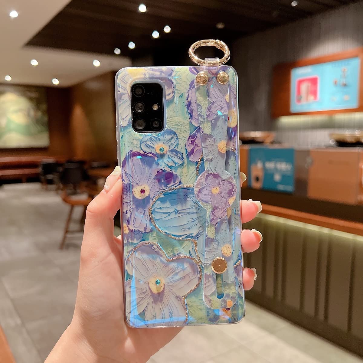 Samsung Galaxy A71 5G Case - Cute Glitter Bling Cartoon Taro Flower Design with Wrist Strap & Kickstand | Shockproof Soft TPU Protective Phone Cover for Women & Girls | Perfect for Daily Use, Work, and Travel