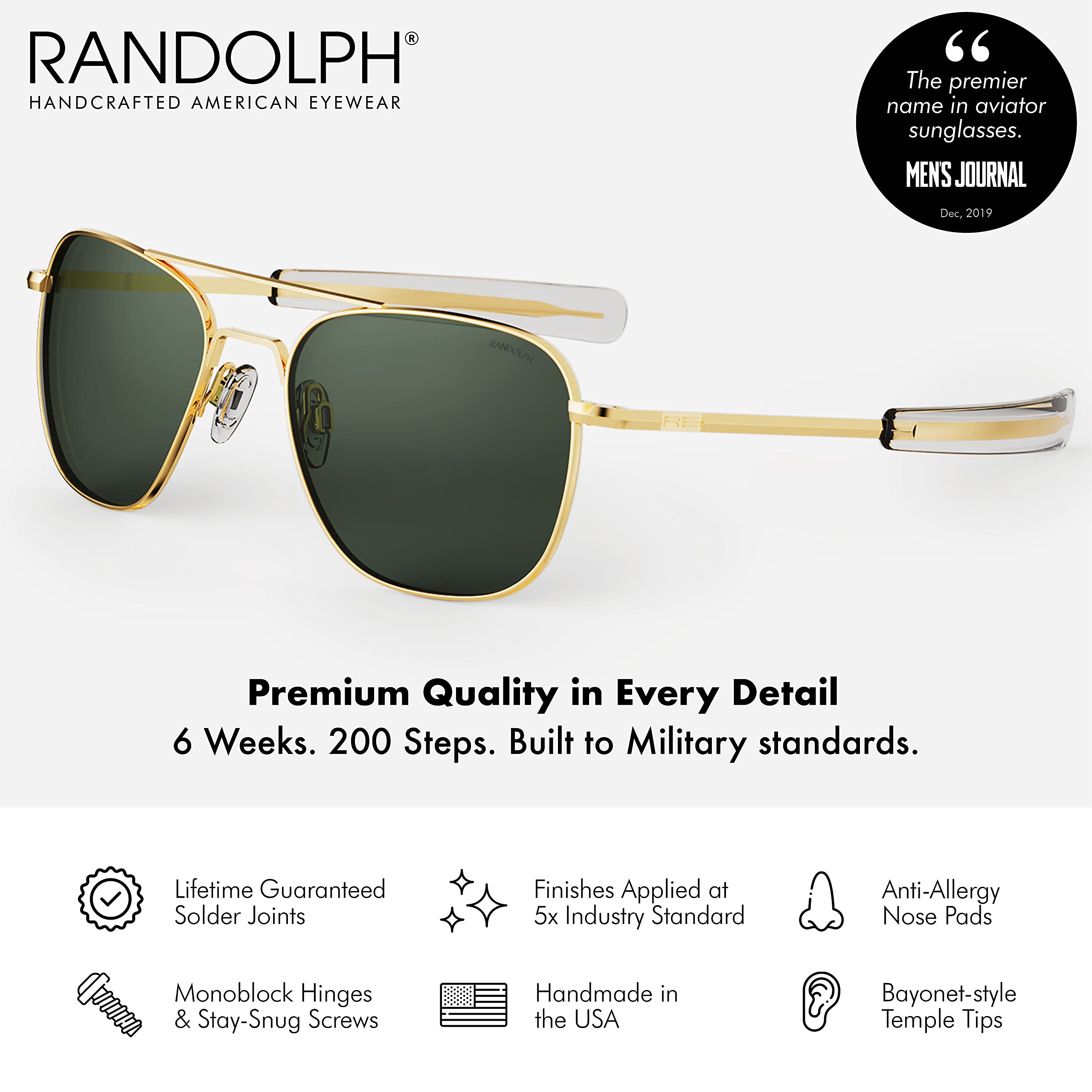 Randolph USA Gold Classic Aviator Sunglasses for Men & Women - 100% UV Protection - Polarized Pilot Sunglasses for Driving, Outdoor & Travel