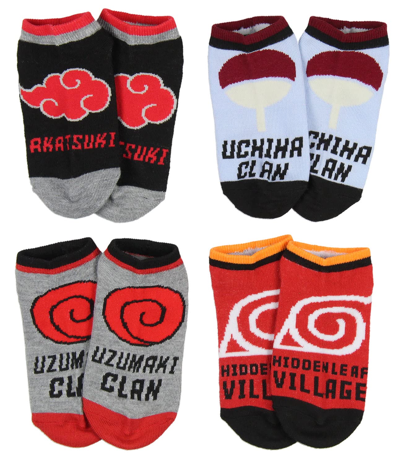 **Naruto Shippuden Boys' Socks - Akatsuki, Uzumaki & Uchiha Clan Hidden Village Design - 4 Pairs Kids Ankle No-Show Socks - Perfect for Cosplay, Anime Fans & Casual Wear**