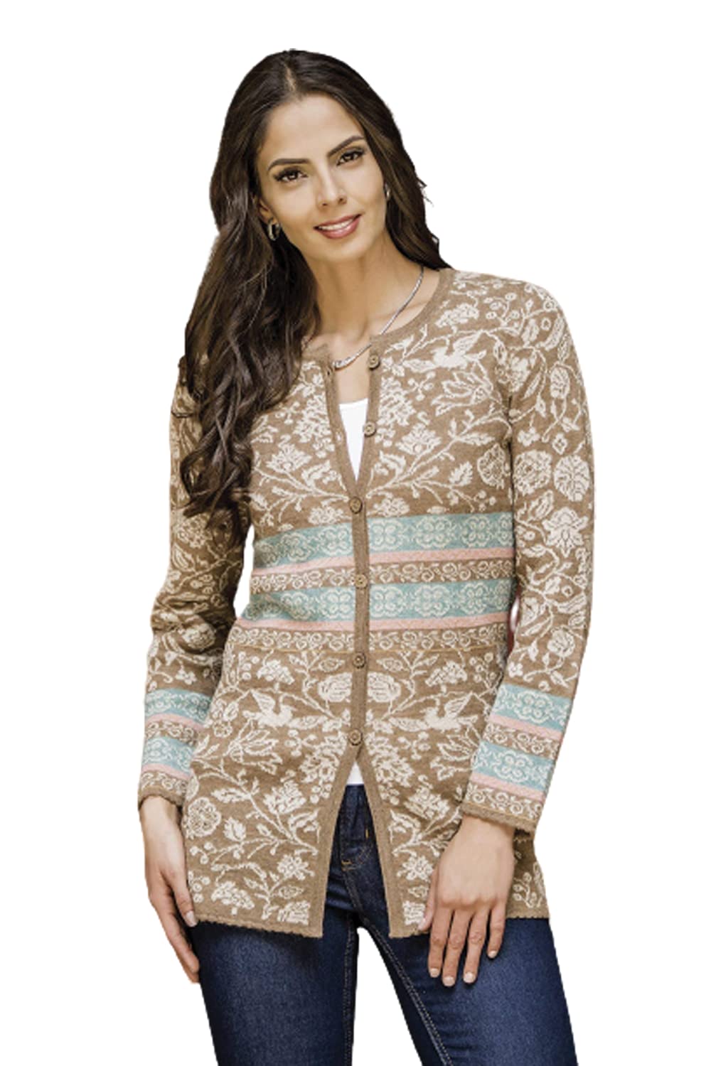 Handmade Alpaca Wool Cardigan - Nature-Themed Peruvian Sweater in Tan, Brown & Ivory | Cozy Winter Wear, Boho Chic Fashion, Casual Outfit for Women | Perfect for Coffee Dates, Office Wear & Fall Layering