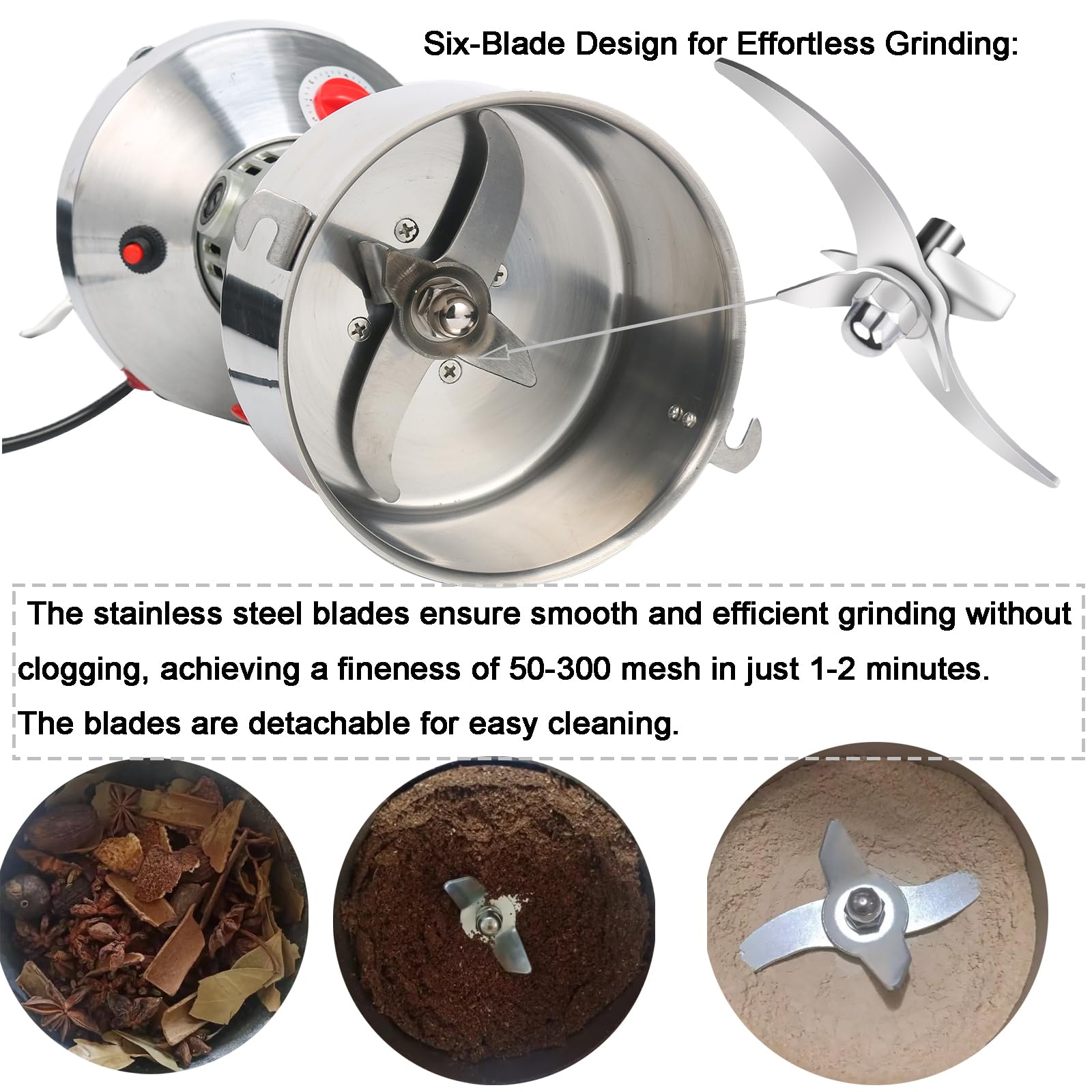 High Speed 300g Electric Grain Mill Grinder - 1300W Commercial Stainless Steel Powder Machine for Spices, Herbs, Pepper & Coffee - 70-300 Mesh, 28000 RPM - Perfect for Home Kitchens, Bakeries & Coffee Shops