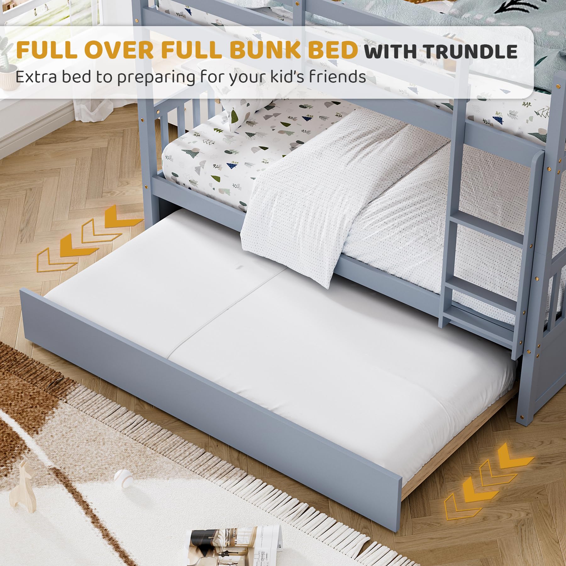 Rophefx Full Over Full Bunk Bed with Trundle - Convertible Wooden Bunk Beds for Kids, Teens & Adults - Sturdy Frame with Safety Rails & Ladder - Space-Saving Grey Bunkbed for Small Rooms, Guest Rooms & Vacation Homes