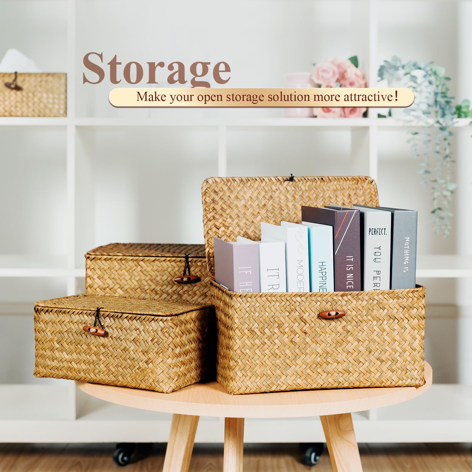 Decorative Wicker Storage Bins with Lids - Set of 3 Stackable Woven Seagrass Baskets (Large, Medium, Small) for Kids Toys, Shelves, Bathroom & Bedroom Organization - Perfect for Home, Nursery & Closet Storage Solutions