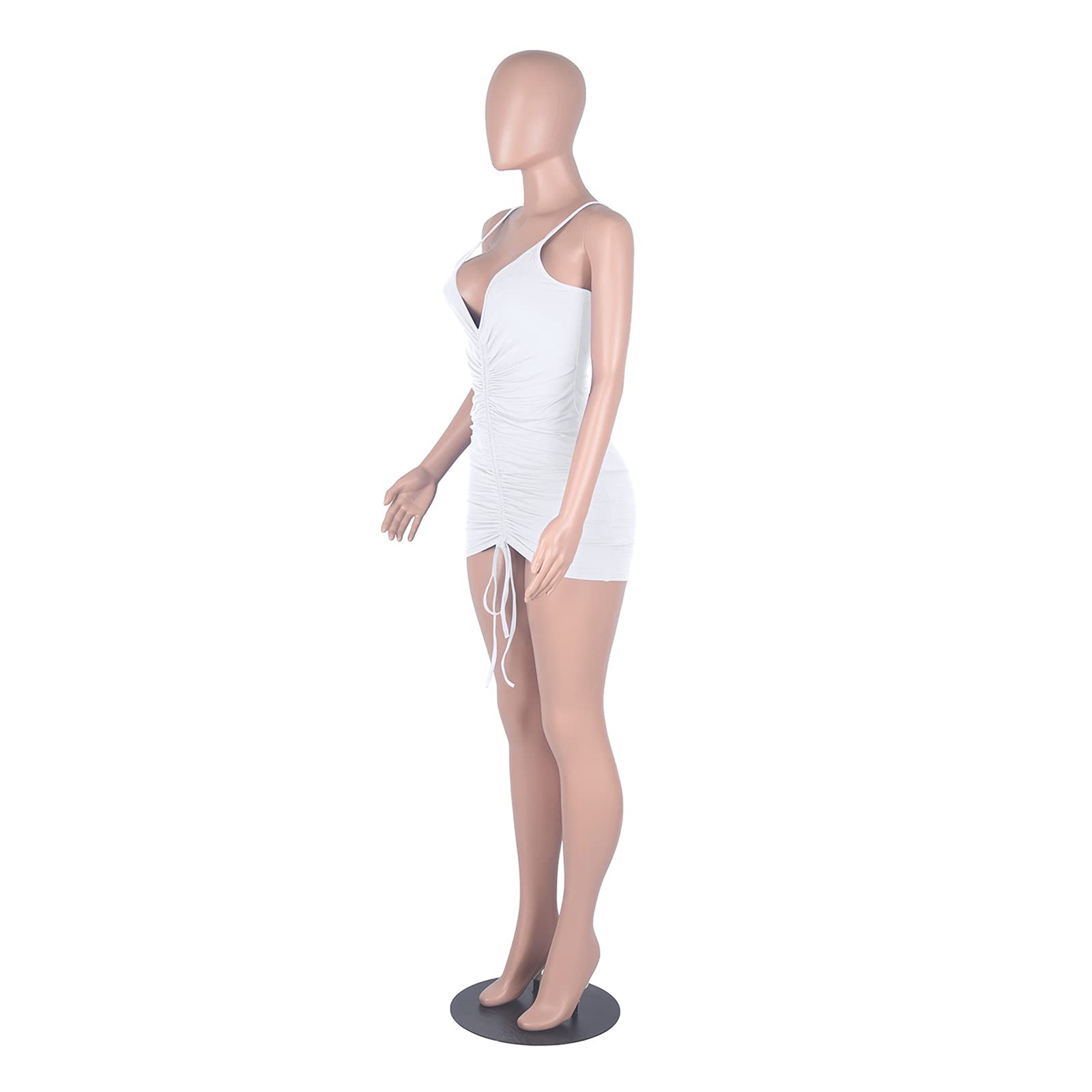 GEMEIQ Women's Sexy Spaghetti Strap Ruched Bodycon Mini Dress - Summer Club Party Outfit, Drawstring Waist, White (Size M) | Perfect for Night Out, Date Night & Beach Vacations