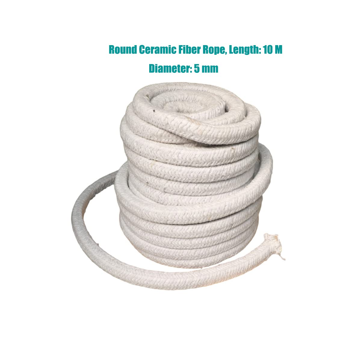 High-Temperature Ceramic Fiber Rope Gasket - 5mm Diameter Round Braided Rope Seal (10m Length) for Boiler, Furnace, Oven, Kiln & Casting Applications - Heat Resistant Insulation Solution for Industrial & DIY Projects