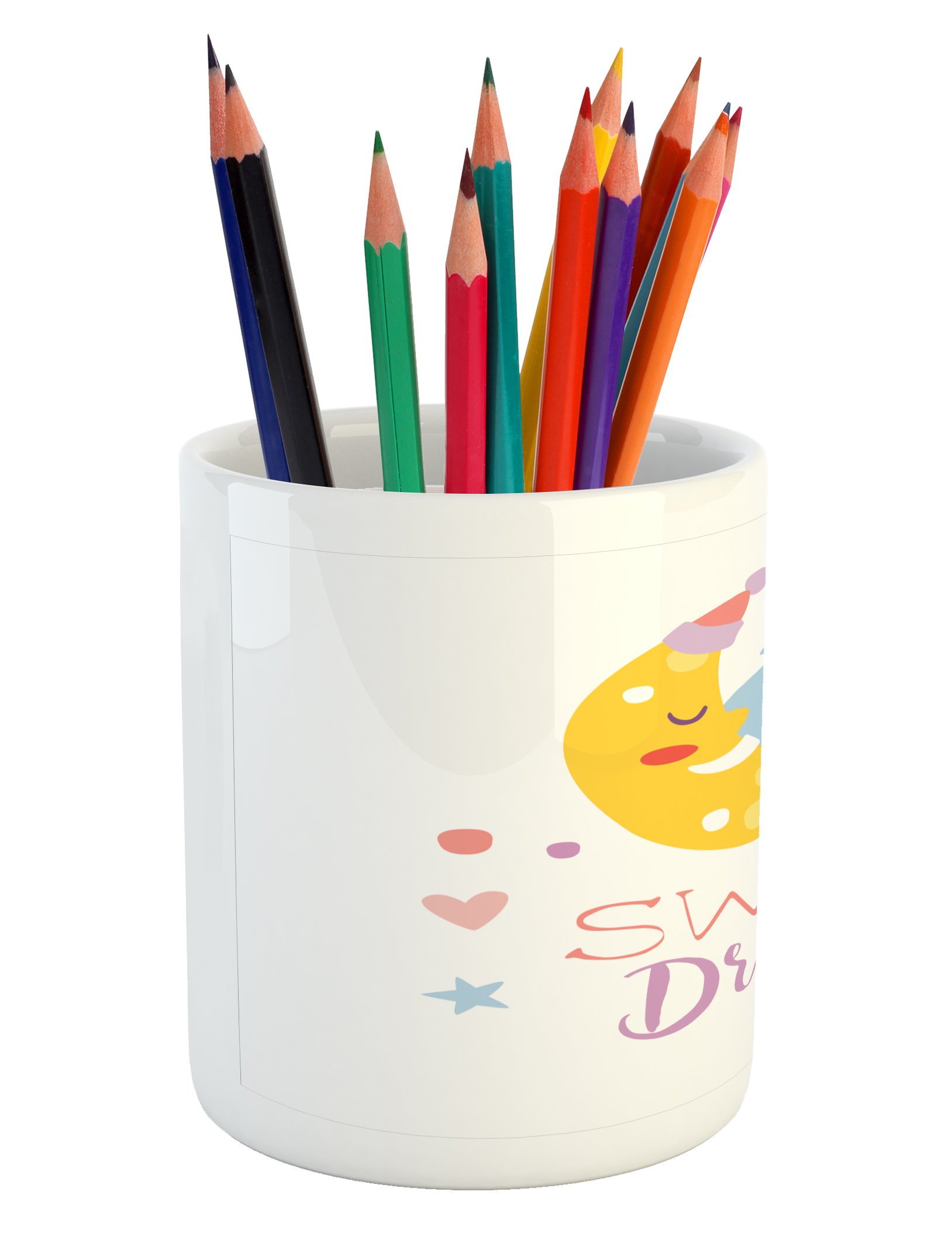 Ambesonne Ceramic Pen Holder with Colorful Hand Lettering, Stars & Moon Design - Stylish Desk Organizer for Office & Home Use | Perfect for Pencils, Pens & Stationery